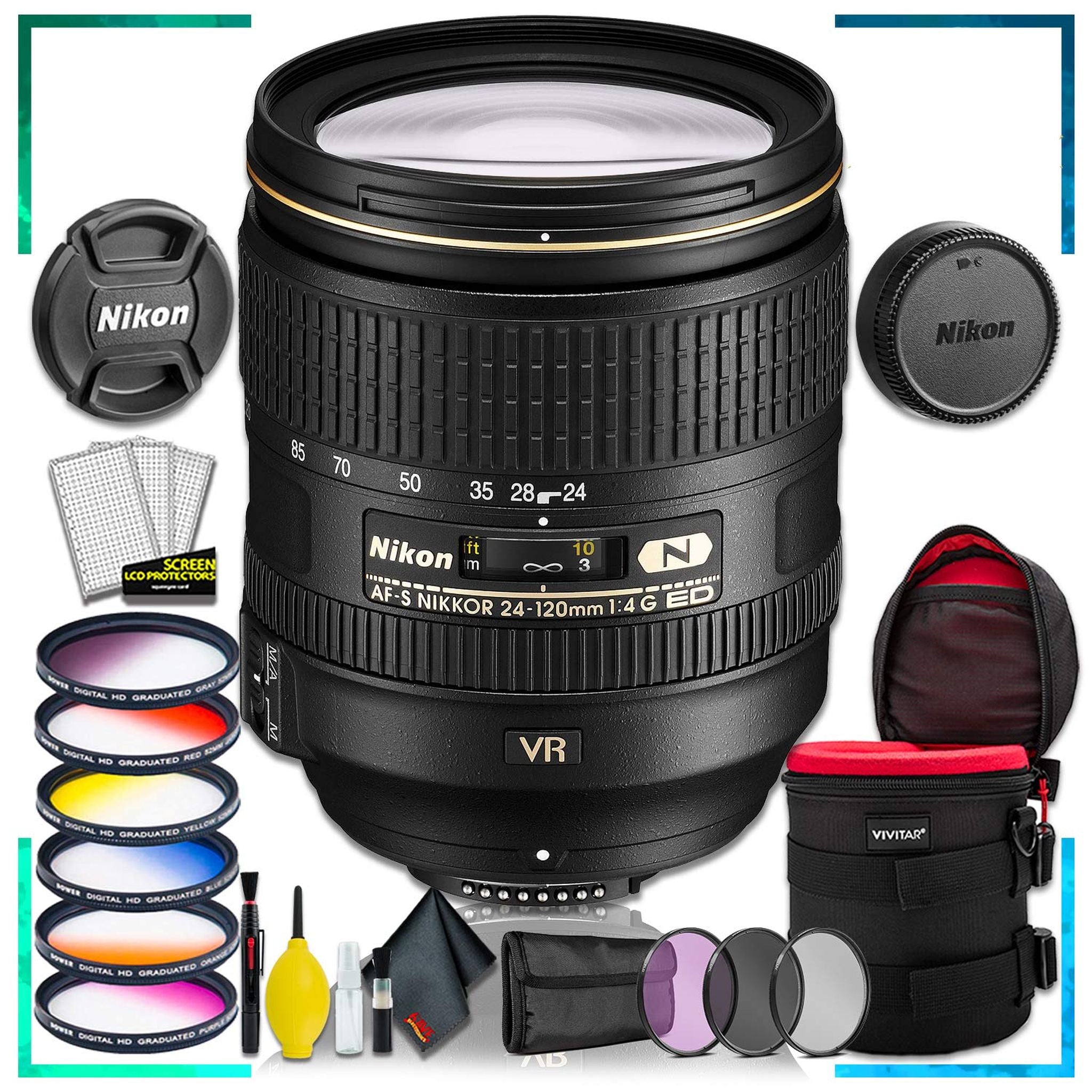 Nikon AF-S NIKKOR 24-120mm f.4G ED VR Lens Intl Model + 4.5 inch Vivitar Premium Lens Case + Vivitar Graduated Color Lens Filter Kit + 3pcs UV Lens Filter Kit + Cleaning Kit Nikon