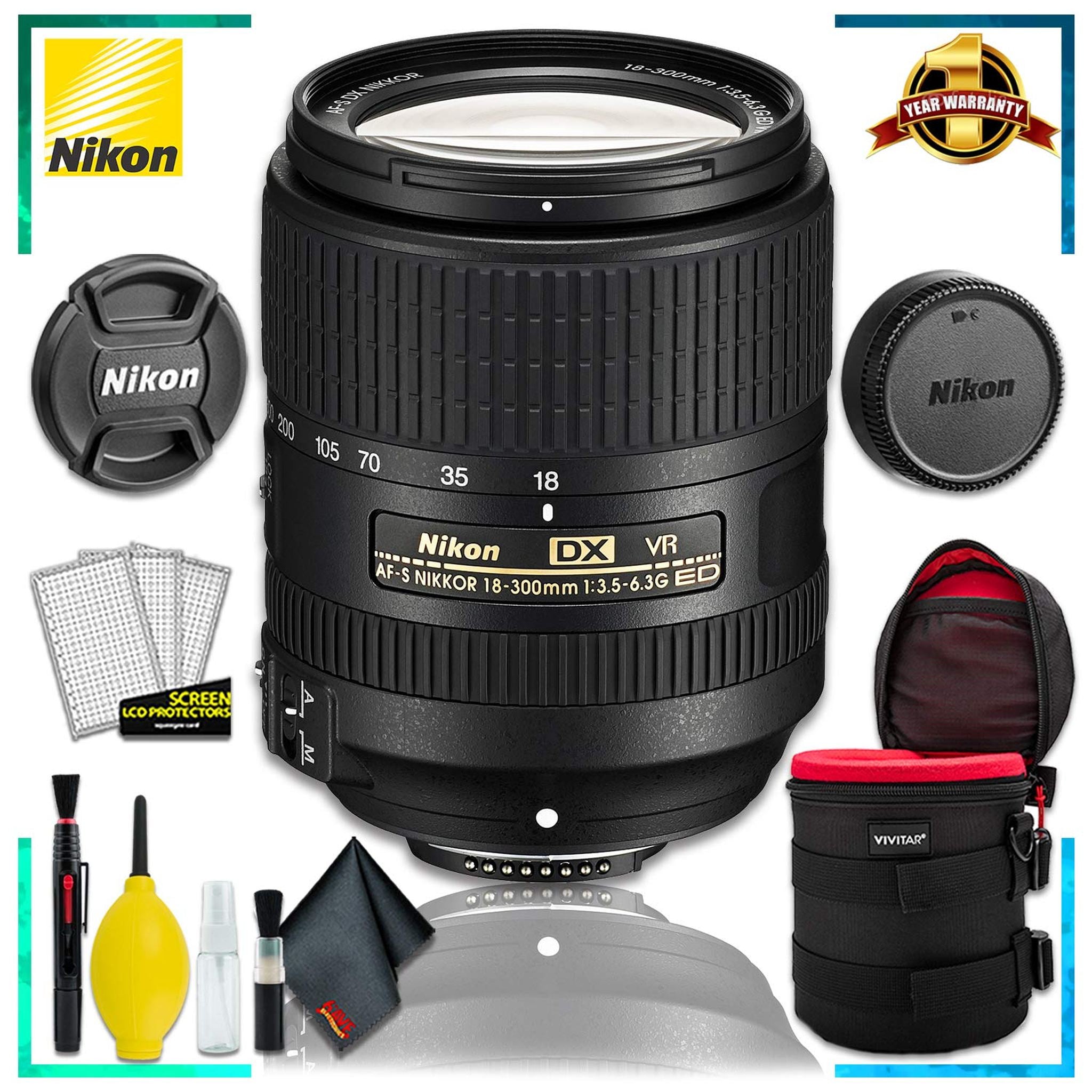 Nikon AF-S DX VR Nikkor 18-300MM Lens Intl Model + 4.5 inch Vivitar Premium Lens Case + Cleaning Kit Nikon