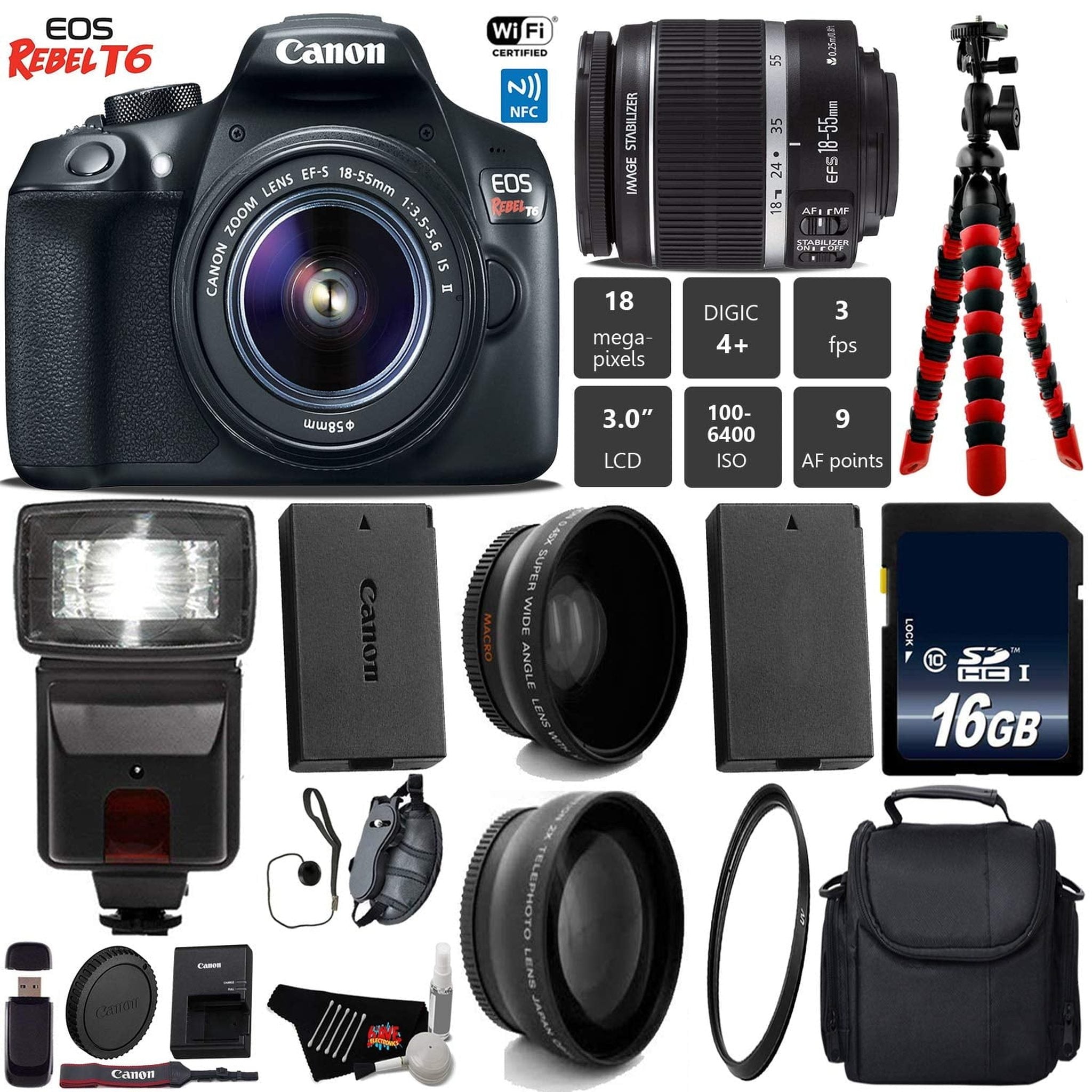 Canon EOS Rebel T6 DSLR Camera 18-55mm is II Lens + Flash + UV FLD CPL Filter Kit + Wide Angle & Telephoto Lens + Camera Base Bundle Canon