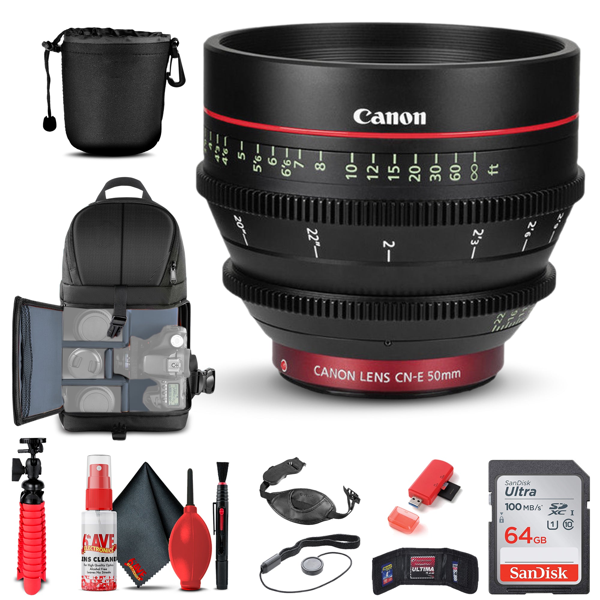 Canon CN-E 50mm T1.3 L F Cine Lens (6570B001) + BackPack + 64GB Card + More