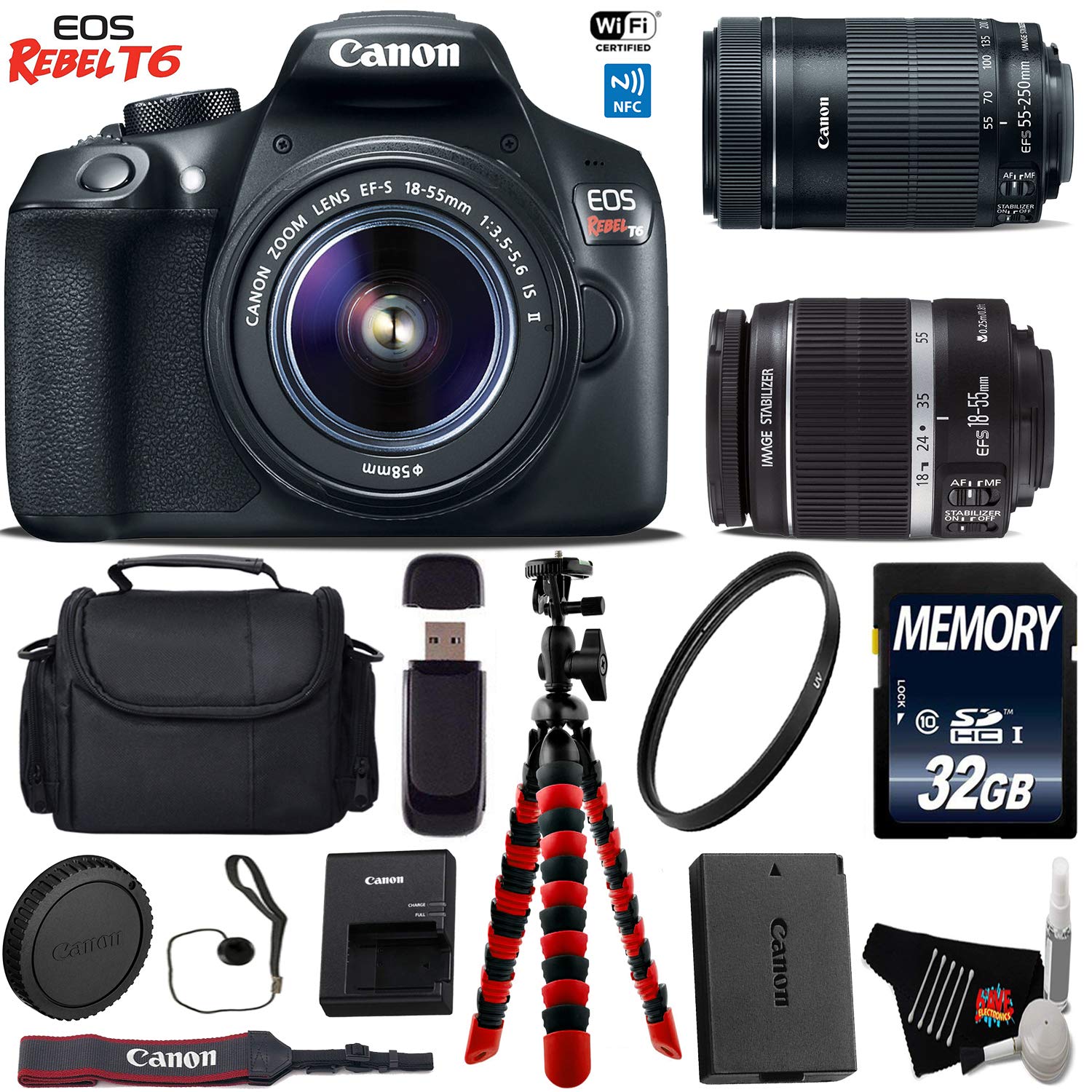 Canon EOS Rebel T6 DSLR Camera with 18-55mm is Lens & 55-250mm is STM Lens + Flexible Tripod + UV Protection Filter Starter Bundle Canon