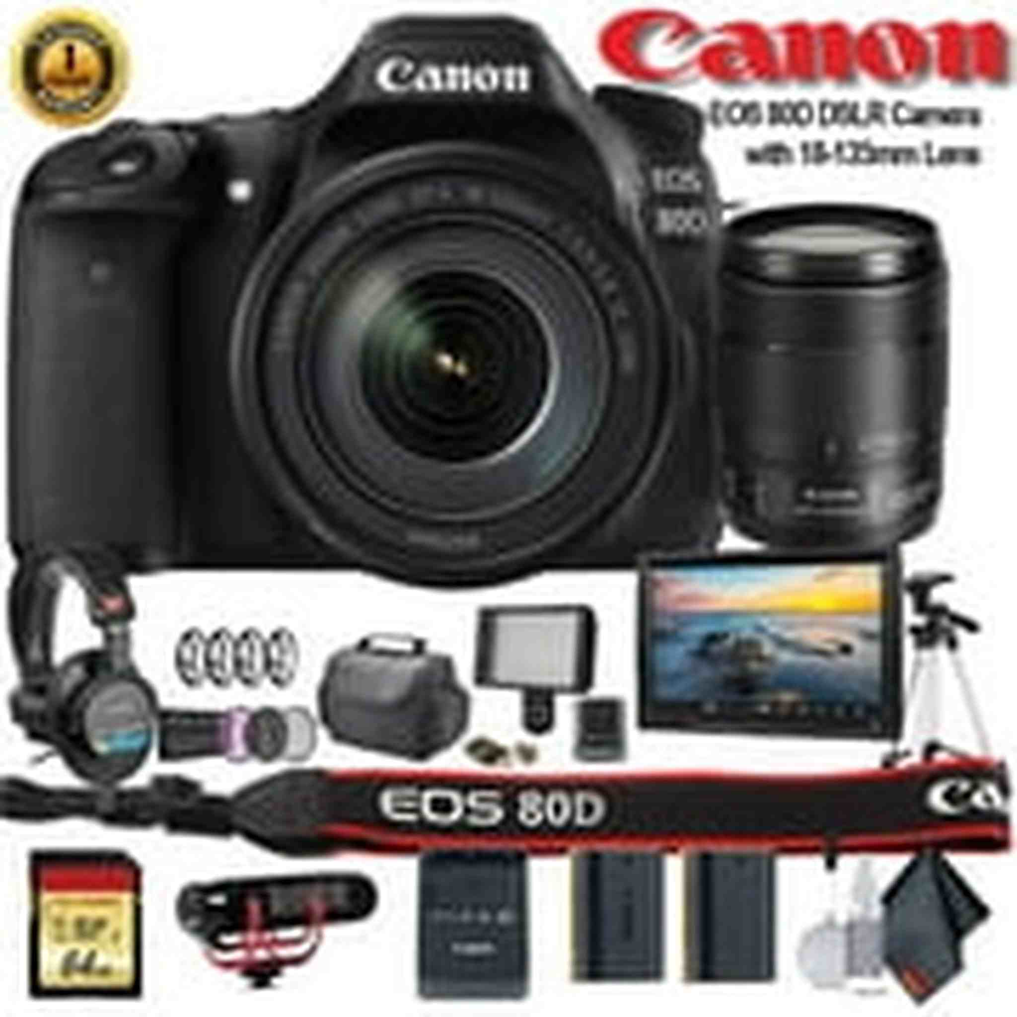 Canon EOS 80D DSLR Camera with 18-135mm Lens 1263C006 W/Bag, Extra Battery, LED Light, Mic, Filters, Tripod, Monitor a Canon