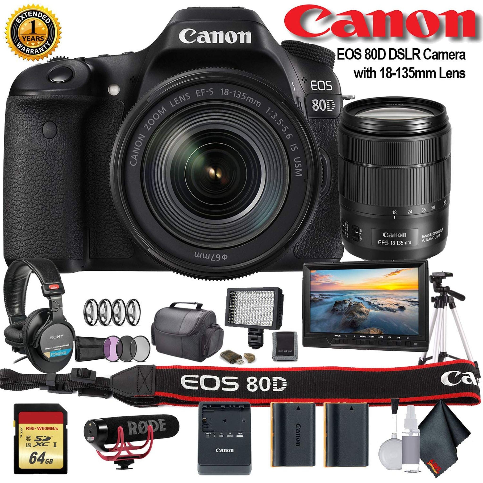 Canon EOS 80D DSLR Camera with 18-135mm Lens 1263C006 W/Bag, Extra Battery, LED Light, Mic, Filters, Tripod, Monitor a Canon