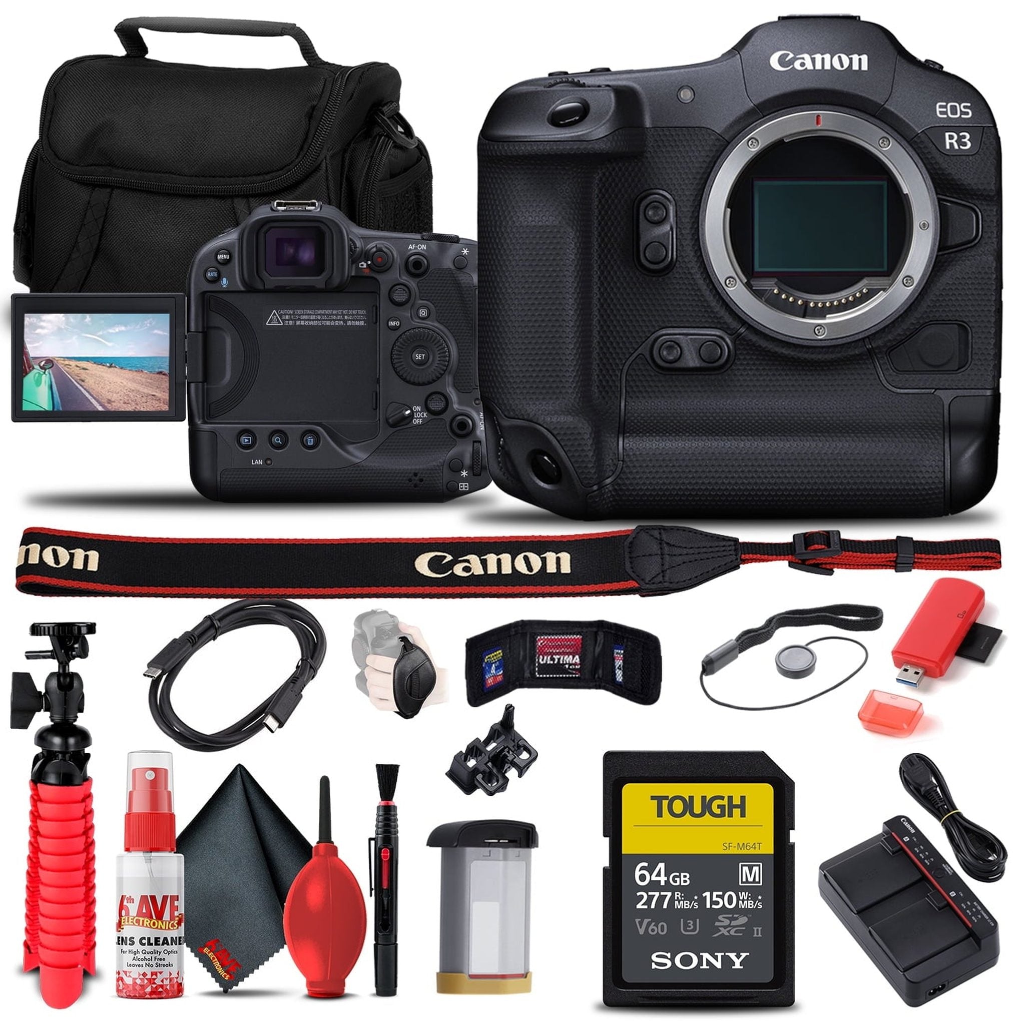 Canon EOS R3 Mirrorless Camera 4895C002 + Sony 64GB SD Card + More Bundle Canon