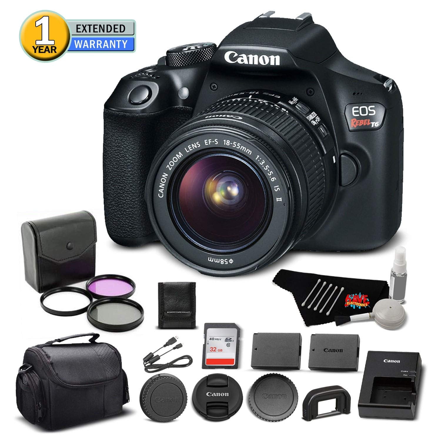 Canon EOS Rebel T6 Digital SLR Camera 1159C003 Bundle with 18-55mm f/3.5-5.6 is II Lens with 32GB Memory Card + More Canon