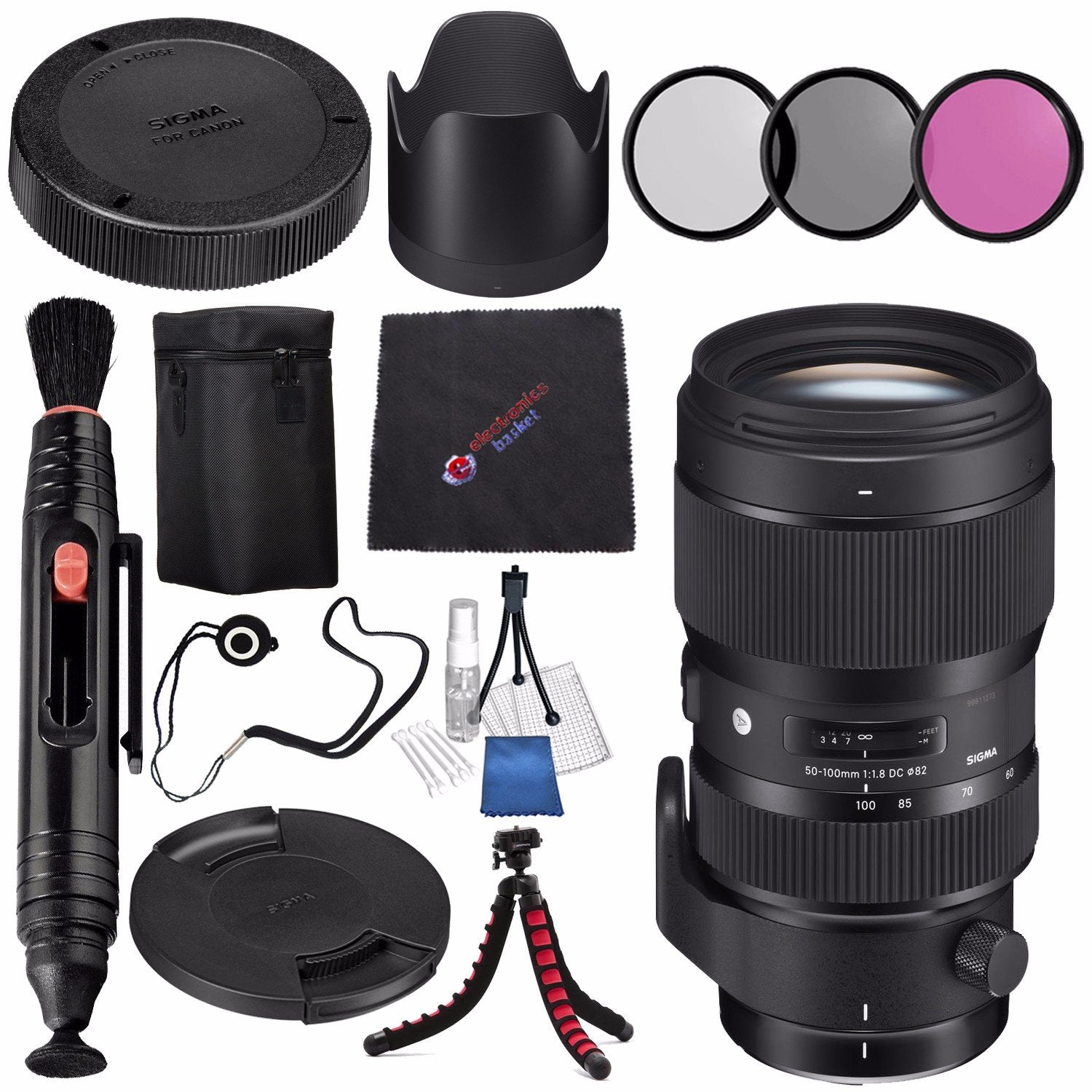 Sigma 50-100mm f/1.8 DC HSM Art Lens for Nikon F #693955 + 82mm 3 Piece Filter Kit + Lens Pen Cleaner + Microfiber Cleaning Cloth + Flexible Tripod Bundle International Model No Warranty Sigma