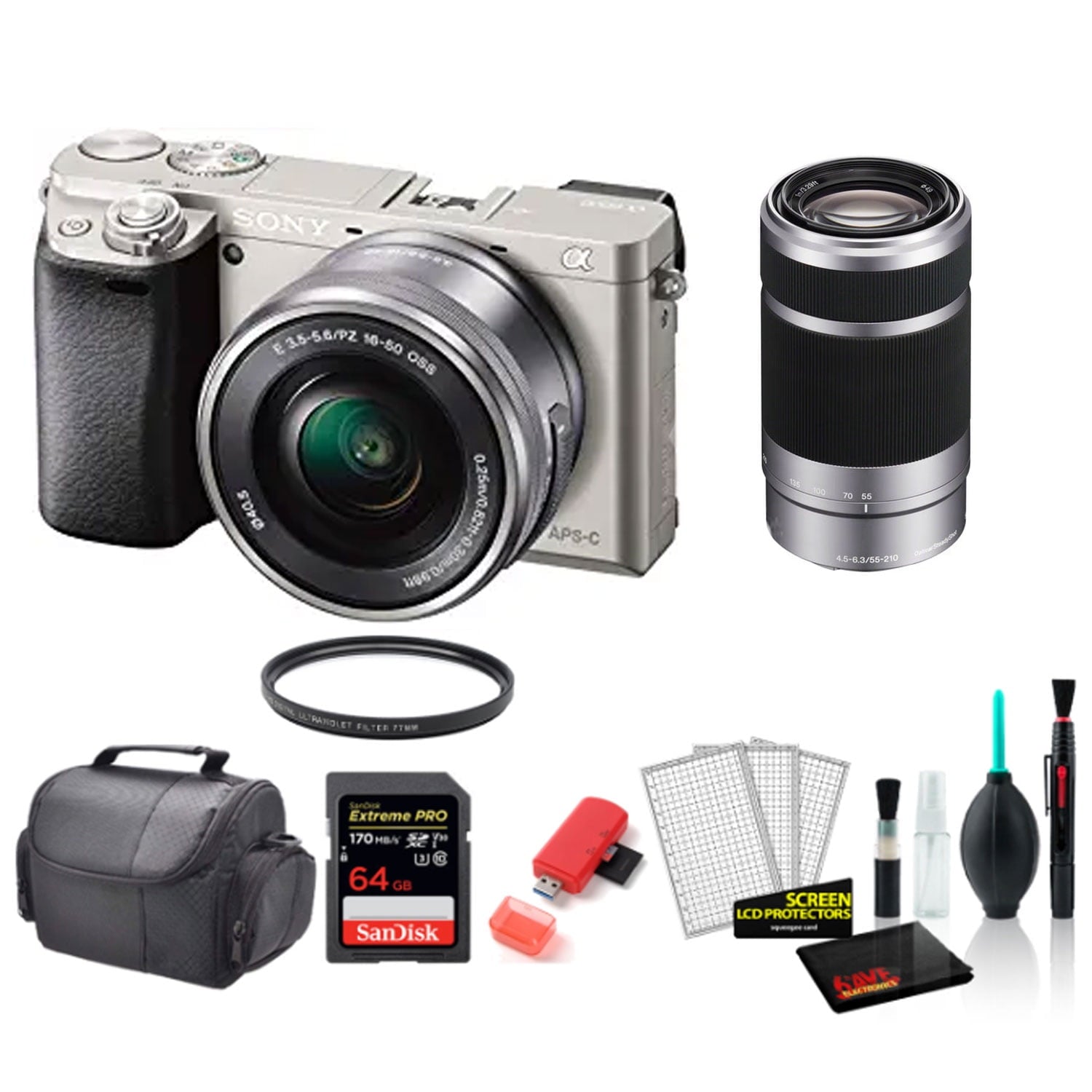 Sony Alpha a6000 Mirrorless Digital Camera with 16-50mm + 55-210mm Lenses SILVER with 64GB Memory Card -International Model Bundle Sony