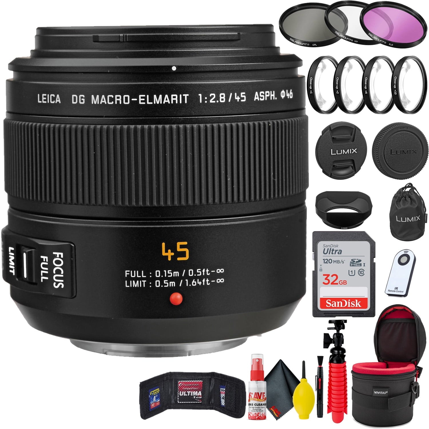 Panasonic Leica DG Macro-Elmarit 45-mm f/2.8 ASPH Mega O.I.S Lens + Accessories Base Bundle Panasonic