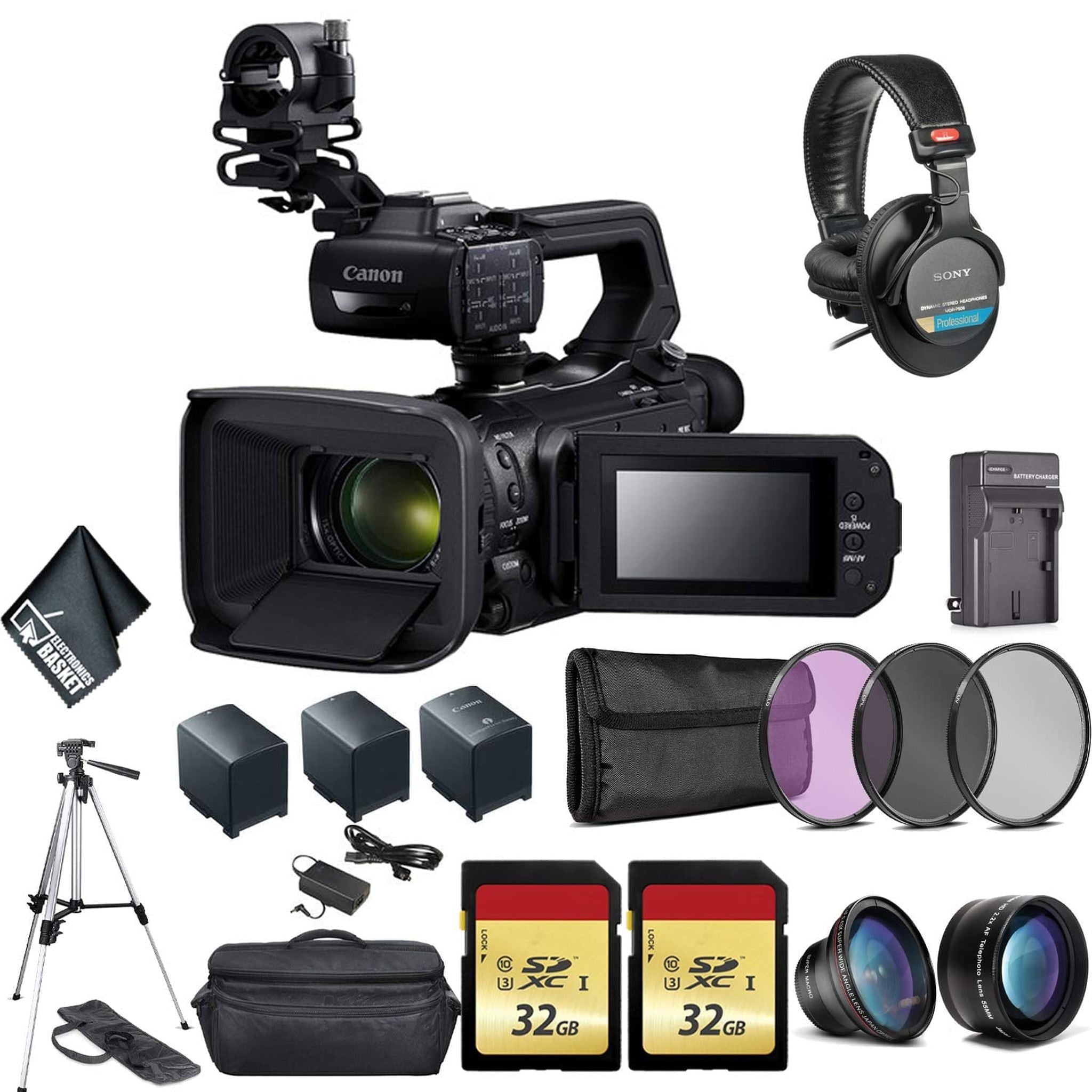 Canon XA55 Professional UHD 4K Camcorder Bundle with 2x Spare Batteries + 2x 32GB Memory Cards + Carrying Case + Sony MDR 7506 Headphones + More Canon