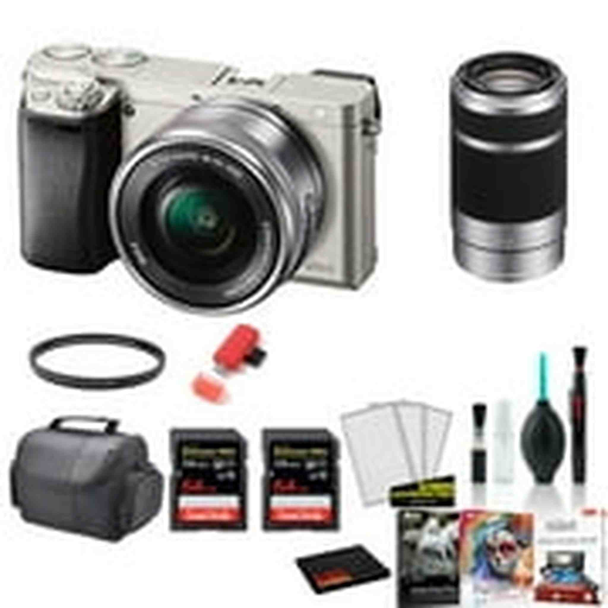 Sony Alpha a6000 Mirrorless Digital Camera with 16-50mm + 55-210mm Lenses SILVER with 2x 64GB Memory Card -International Model Bundle Sony