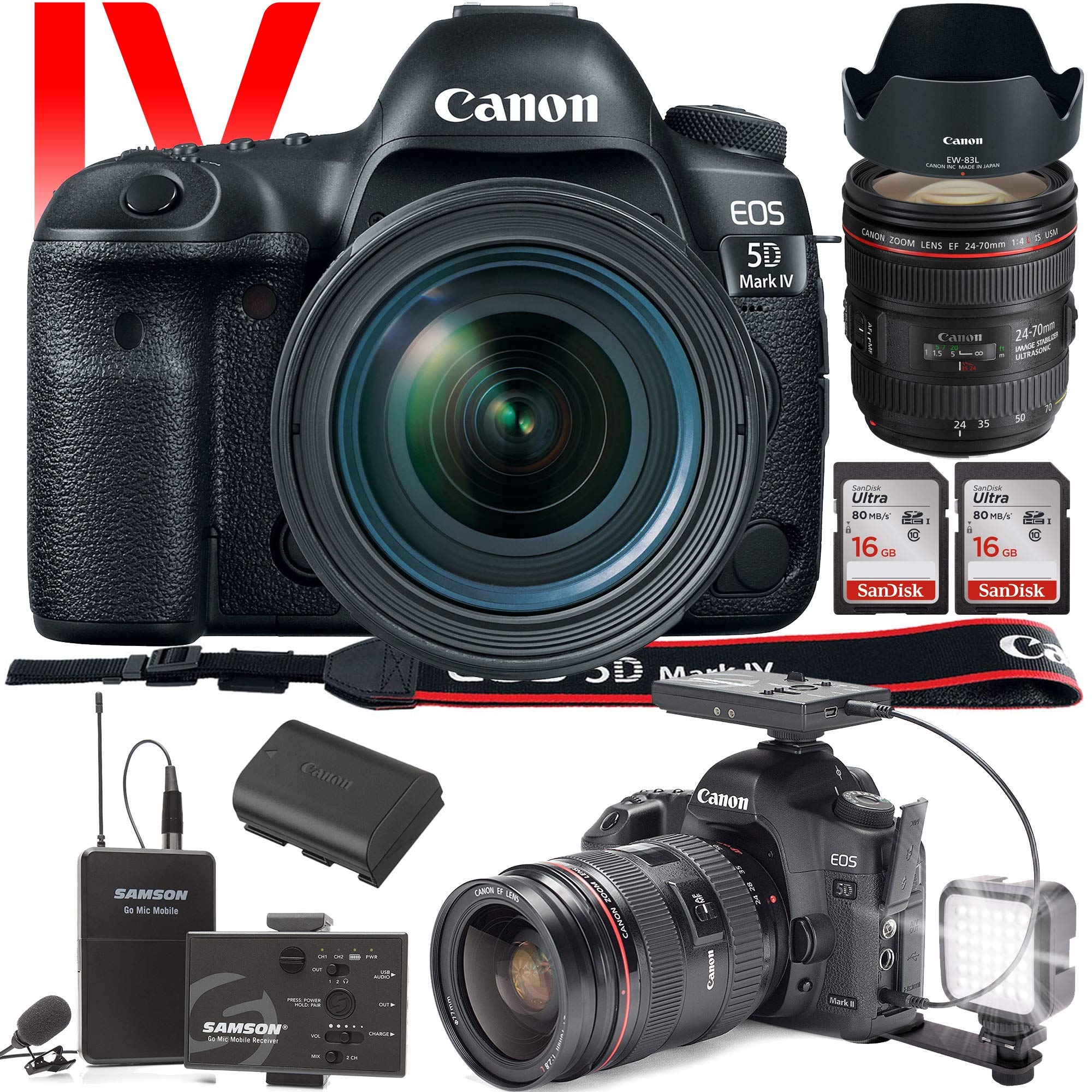 Canon EOS 5D Mark IV DSLR Camera with 24-70mm f/4L Lens International Version - Wireless Microphone System for Vlog an Canon