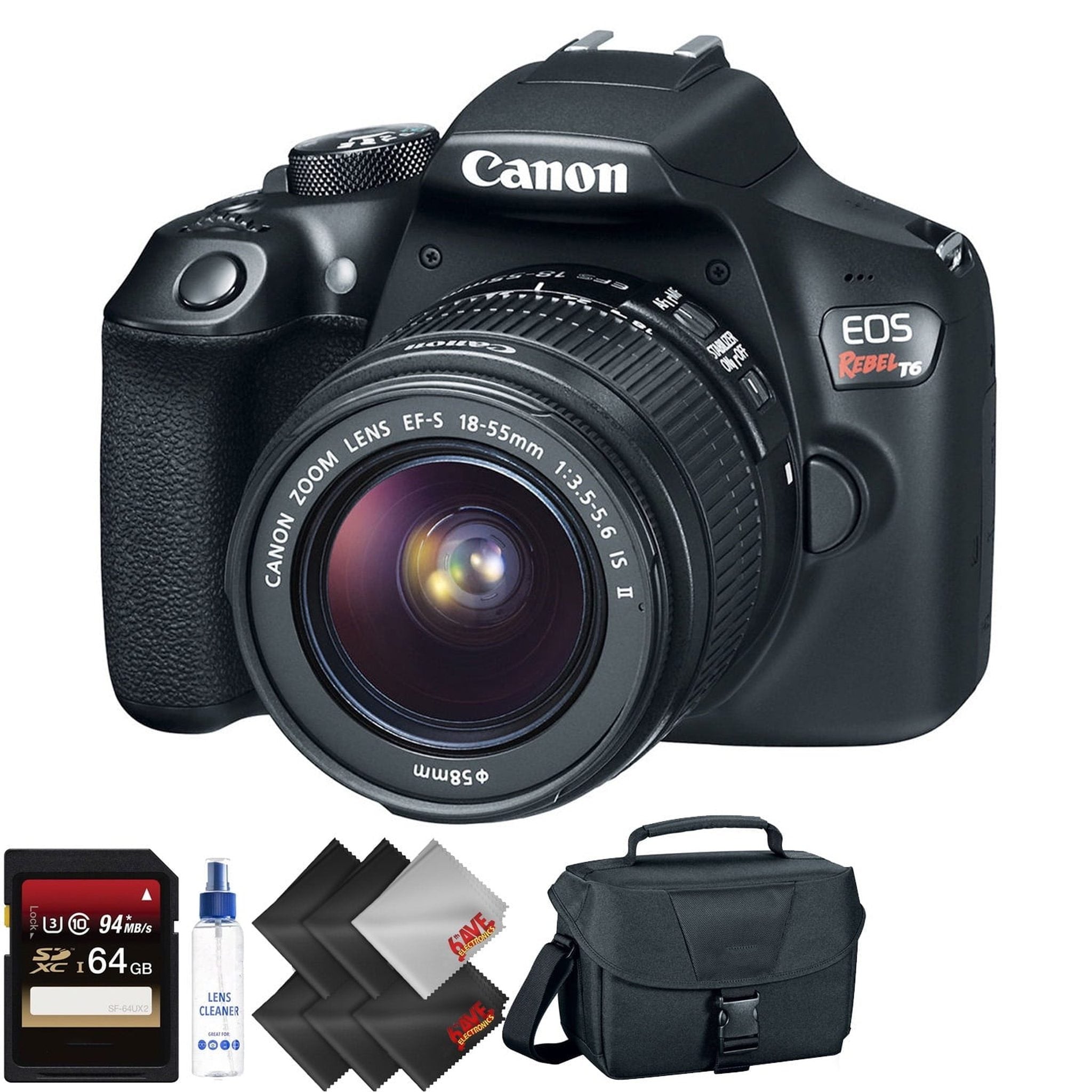 Canon EOS Rebel T6 DSLR Camera with 18-55mm Lens + 64GB Memory Card + 1 Year Warranty Bundle Canon