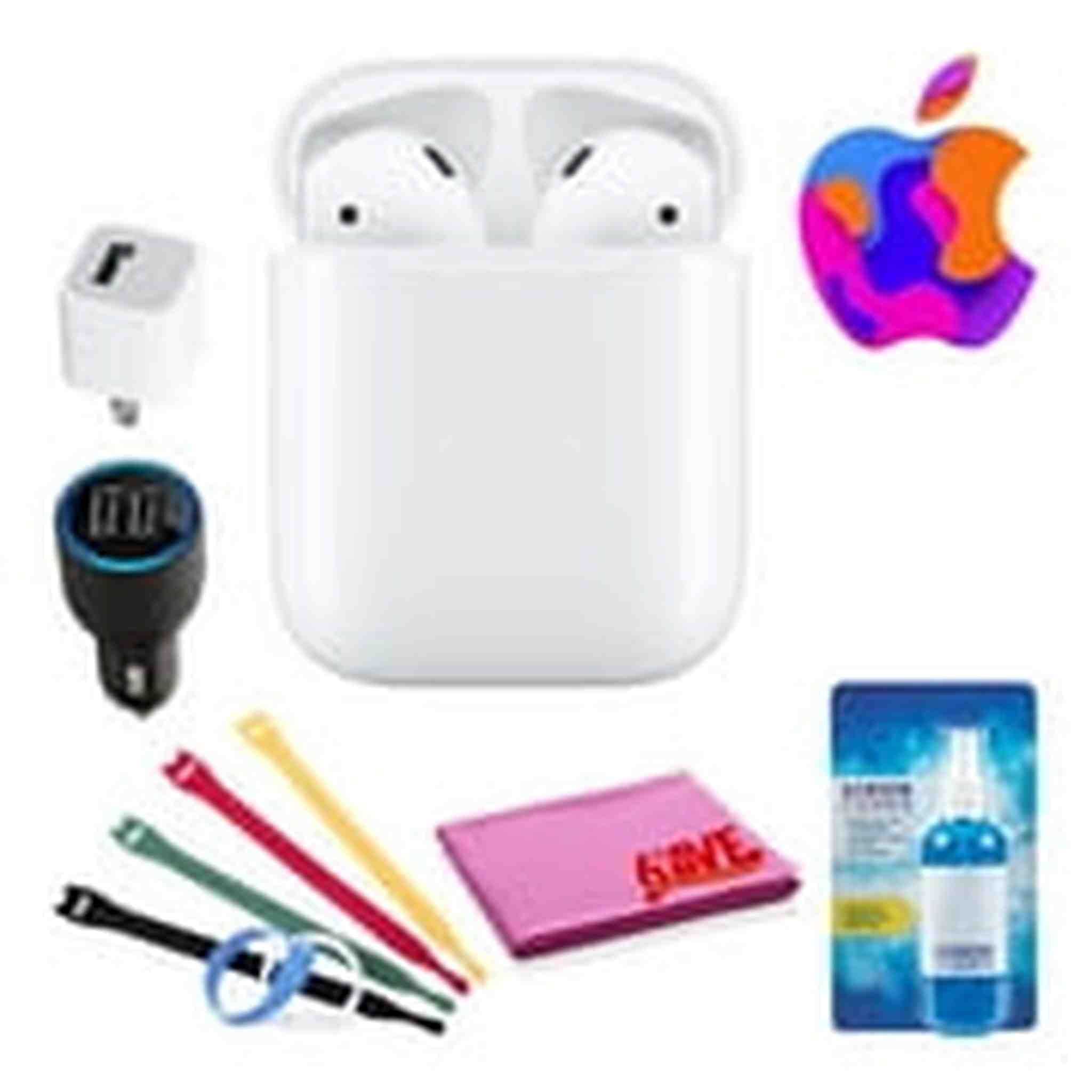 Apple AirPods with Charging Case (2nd Gen) Bundle with Velcro Cable Ties + USB Wall & Car Charger