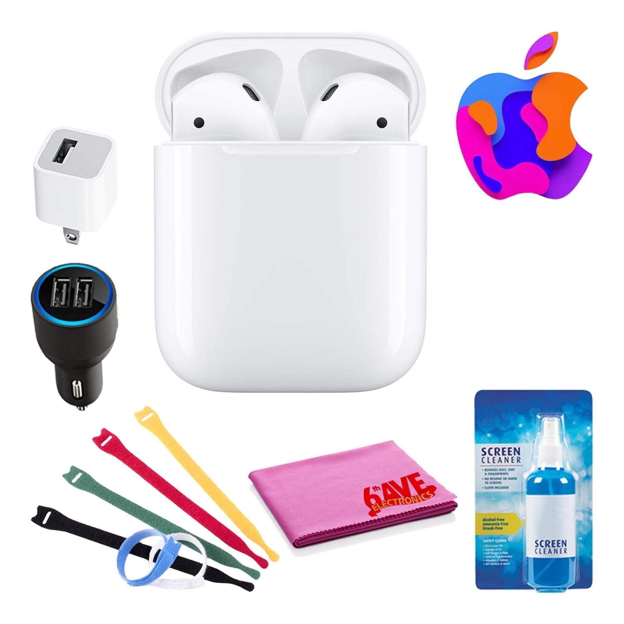 Apple AirPods with Charging Case (2nd Gen) Bundle with Velcro Cable Ties + USB Wall & Car Charger