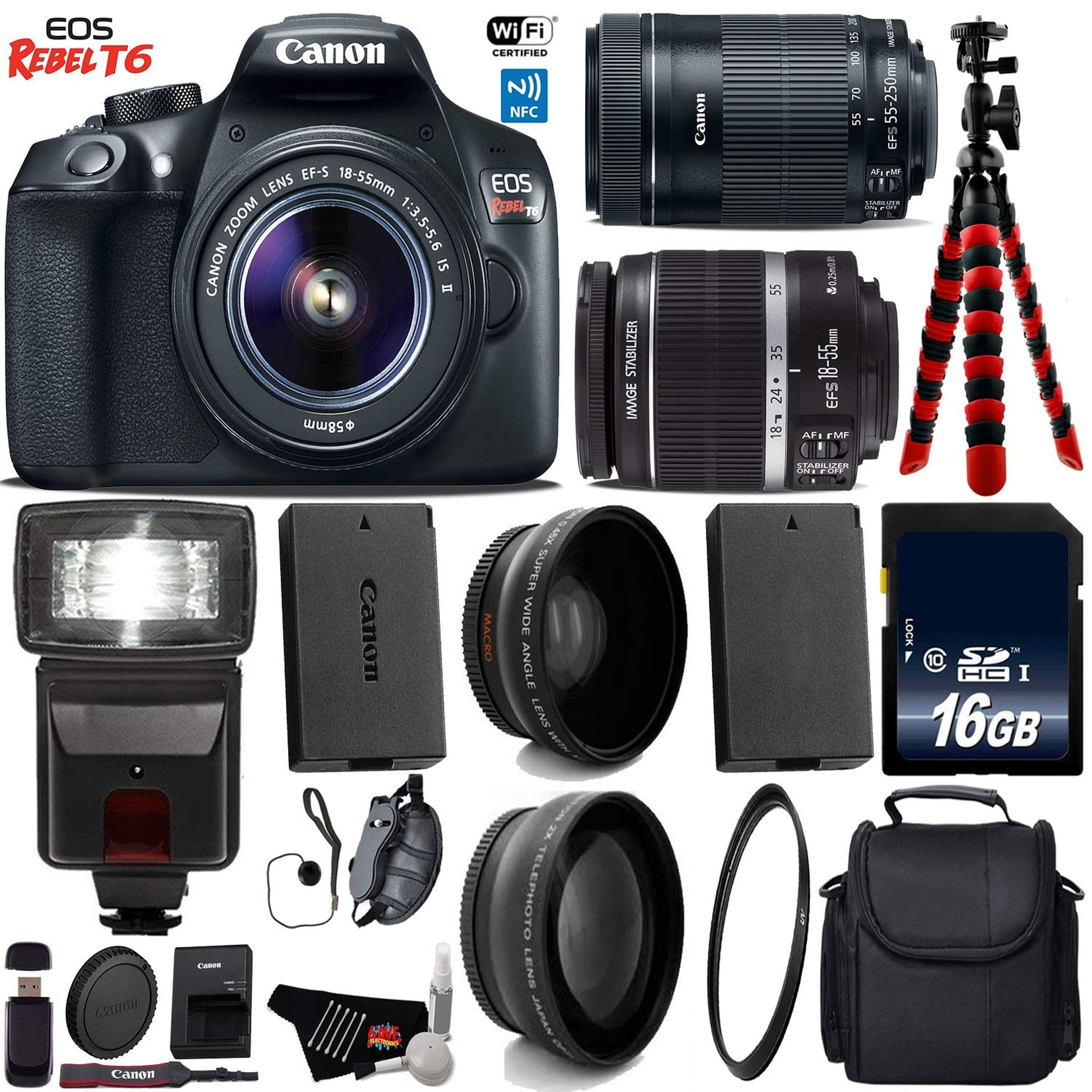 Canon EOS Rebel T6 DSLR Camera with 18-55mm is Lens & 55-250mm is STM Lens + Flash + UV FLD CPL Filter Kit Base Bundle Canon