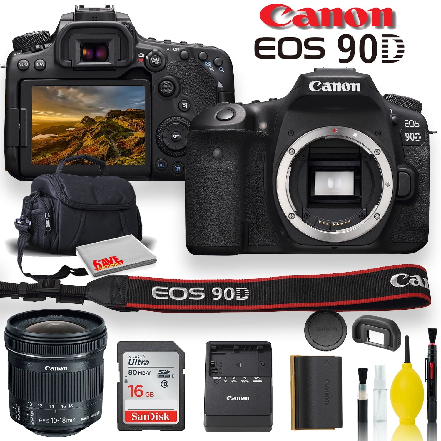 Canon EOS 90D DSLR Camera With Canon EF-S 10-18mm f/4.5-5.6 IS STM Lens, Soft Padded Case, Memory Card, and More Canon