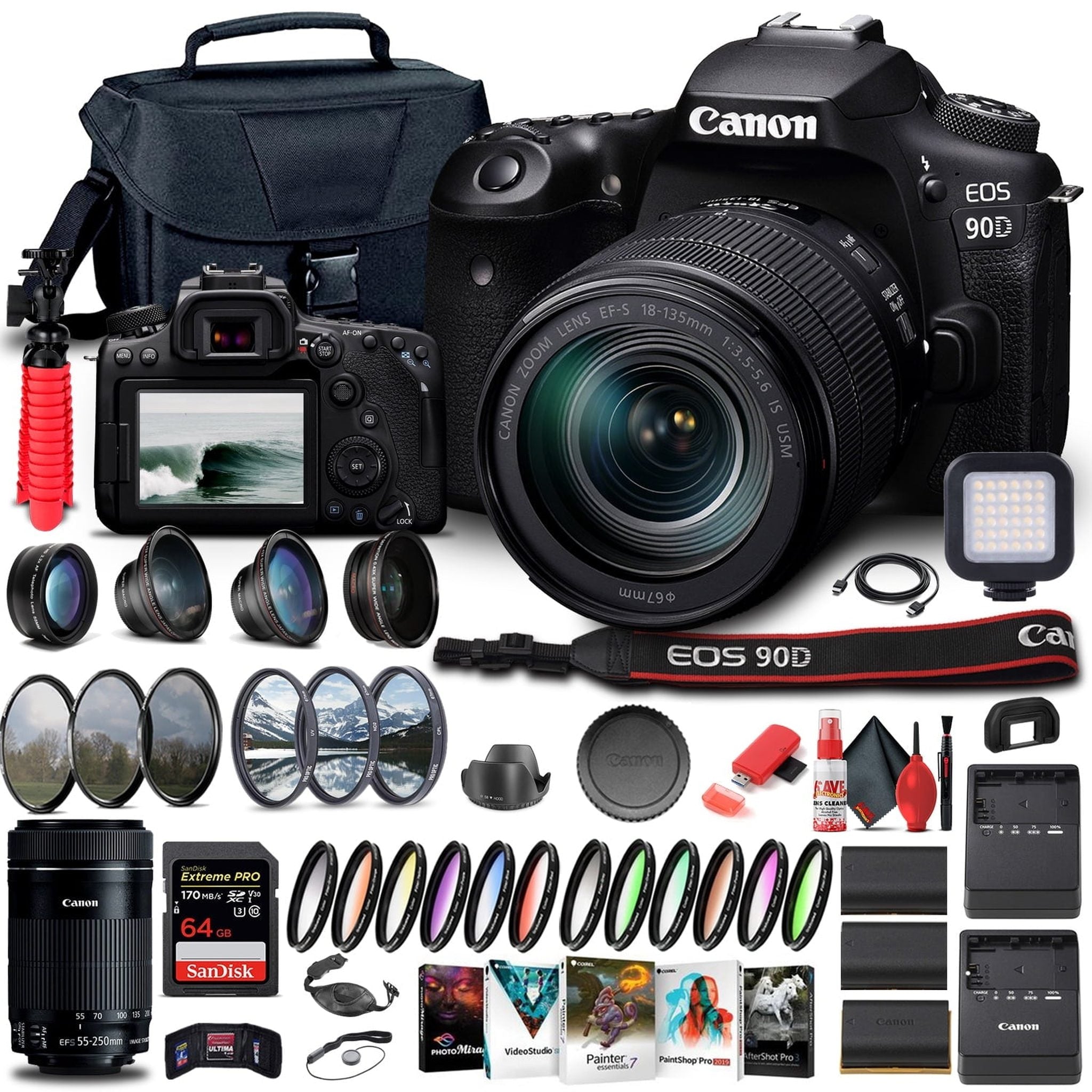 Canon EOS 90D Camera W/ 18-135mm and EF-S 55-250mm Lenses - Advanced Bundle Canon