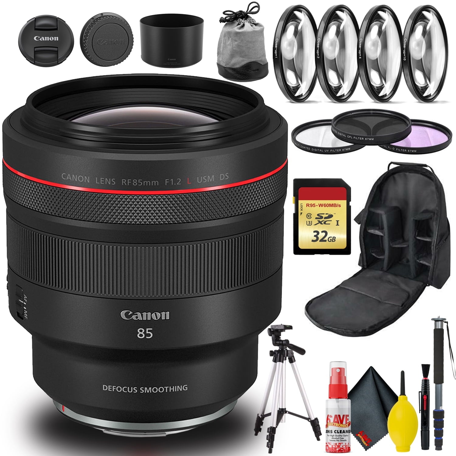 Canon RF 85mm f/1.2L USM DS Lens Bundle with 32GB Memory, Tripod, Bag, and More Canon