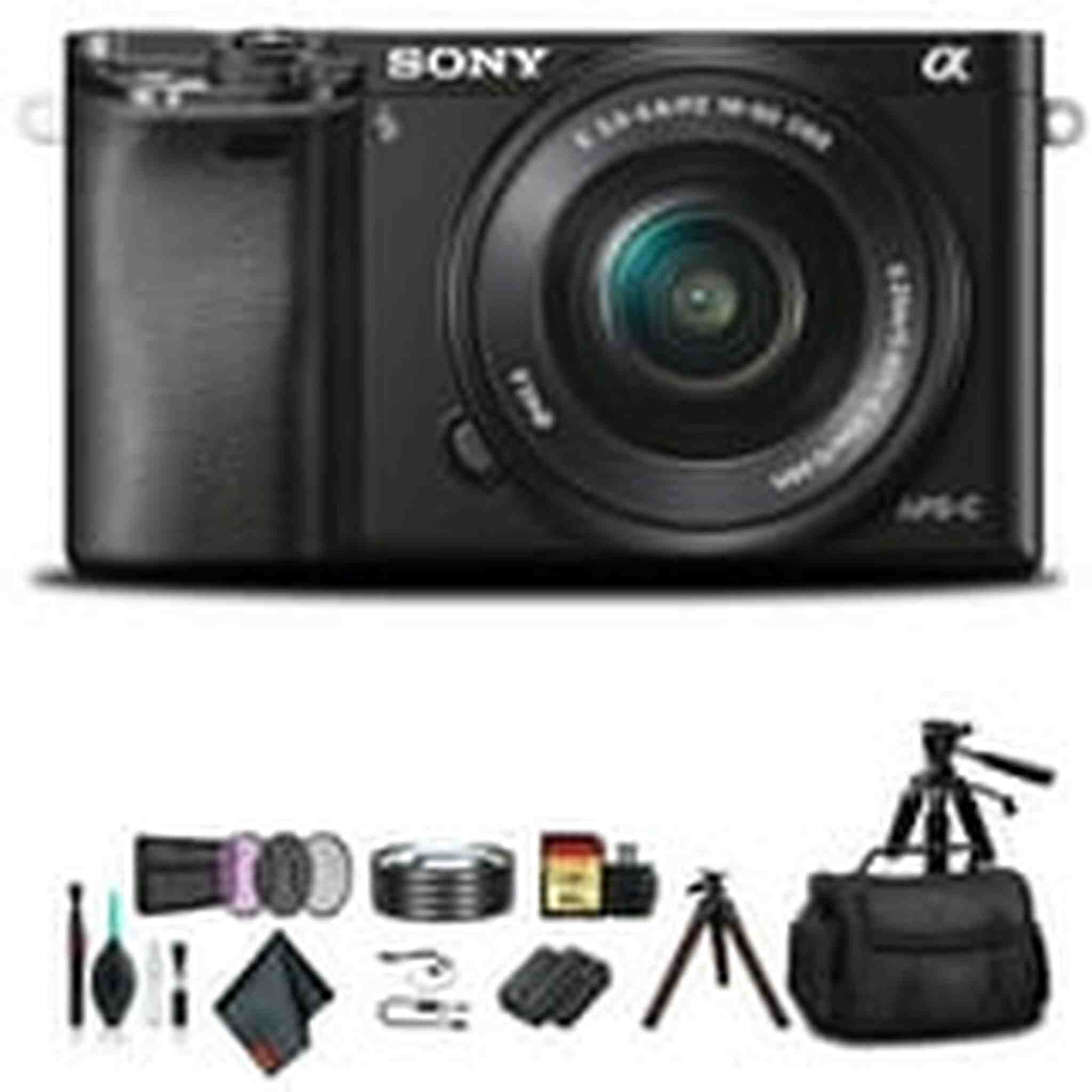 Sony Alpha a6000 Mirrorless Camera with 16-50mm Lens Black With Soft Bag, Additional Battery, 64GB Memory Card, Card Reader , Plus Essential Accessories Sony