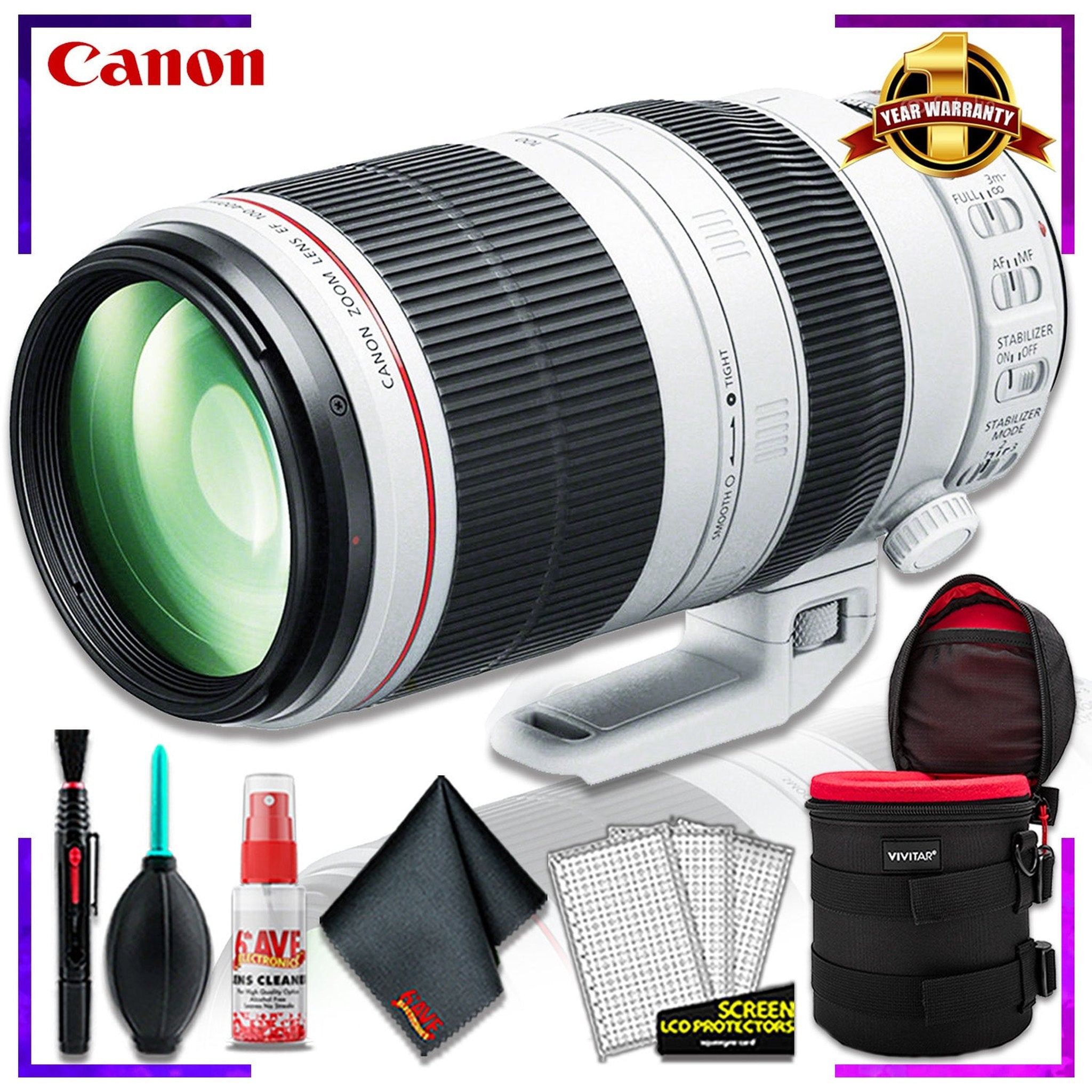 Canon EF 100-400mm F/10-5.6L IS Lens Intl Model + 10 inch Vivitar Premium Lens Case + Cleaning Kit Canon