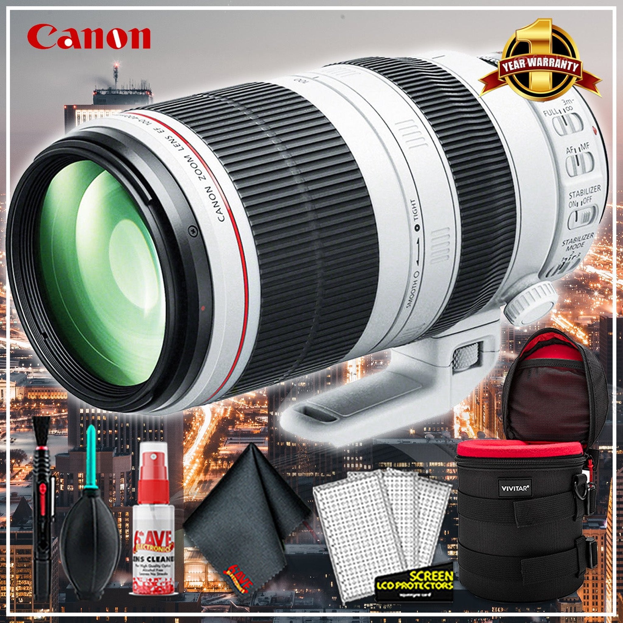 Canon EF 100-400mm F/10-5.6L IS Lens Intl Model + 10 inch Vivitar Premium Lens Case + Cleaning Kit Canon