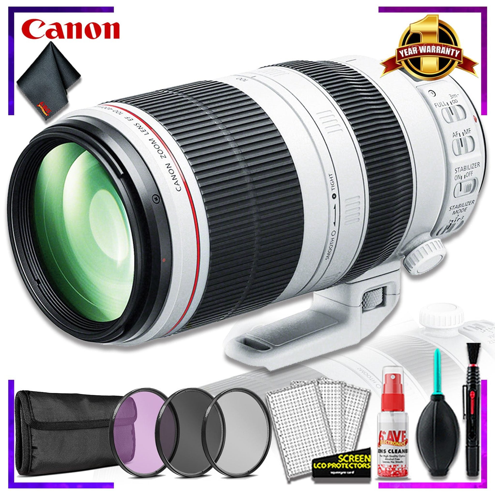 Canon EF 100-400mm F/10-5.6L IS Lens Intl Model With Color Lens Filter Kit and Cleaning Kit Canon