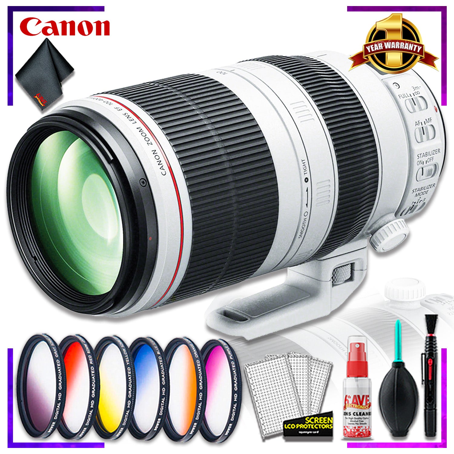 Canon EF 100-400mm F/10-5.6L IS Lens Intl Model + 10 inch Vivitar Premium Lens Case + Vivitar Graduated Color Filter Kit Canon