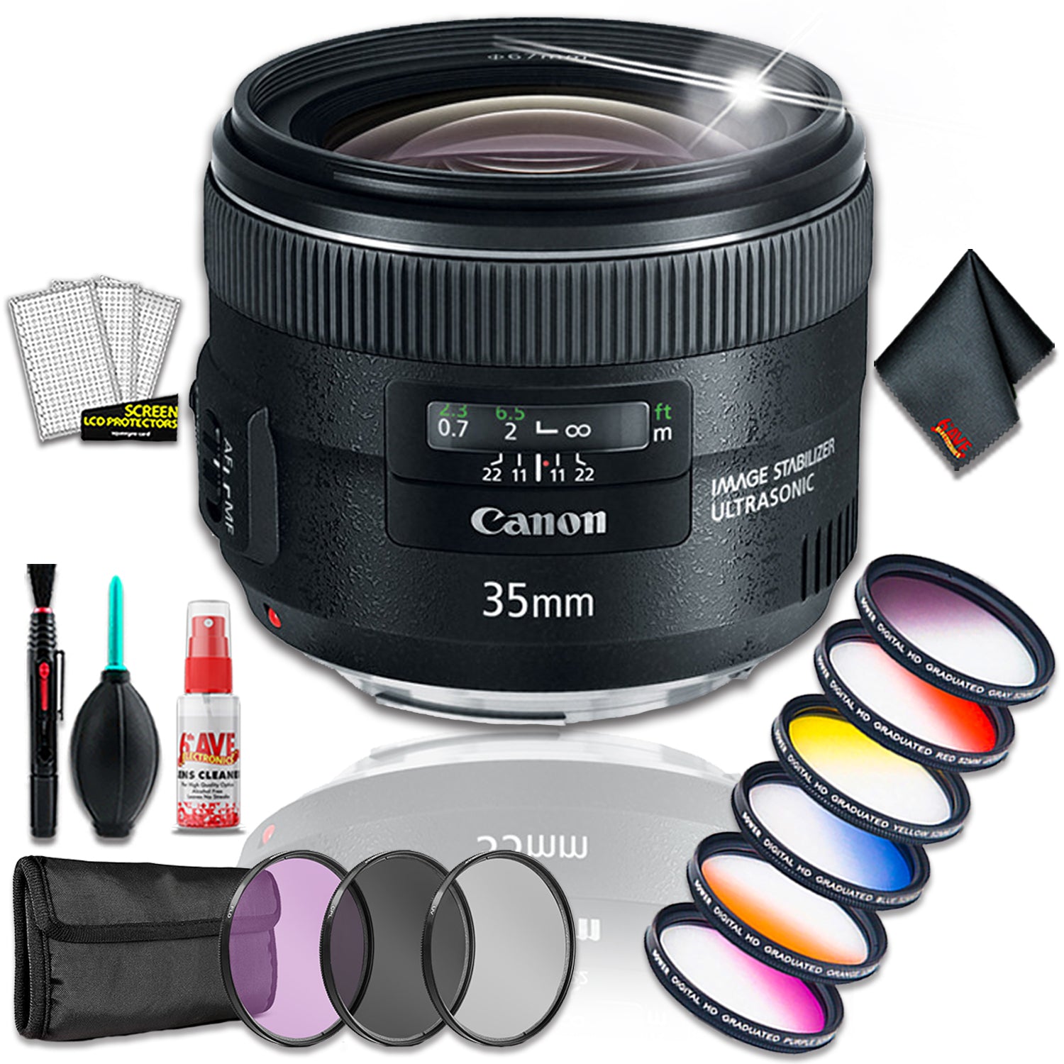 Canon EF 35mm f/2 IS USM Lens Intl Model w/ Premium Lens Filter Kit and Cleaning Kit Canon