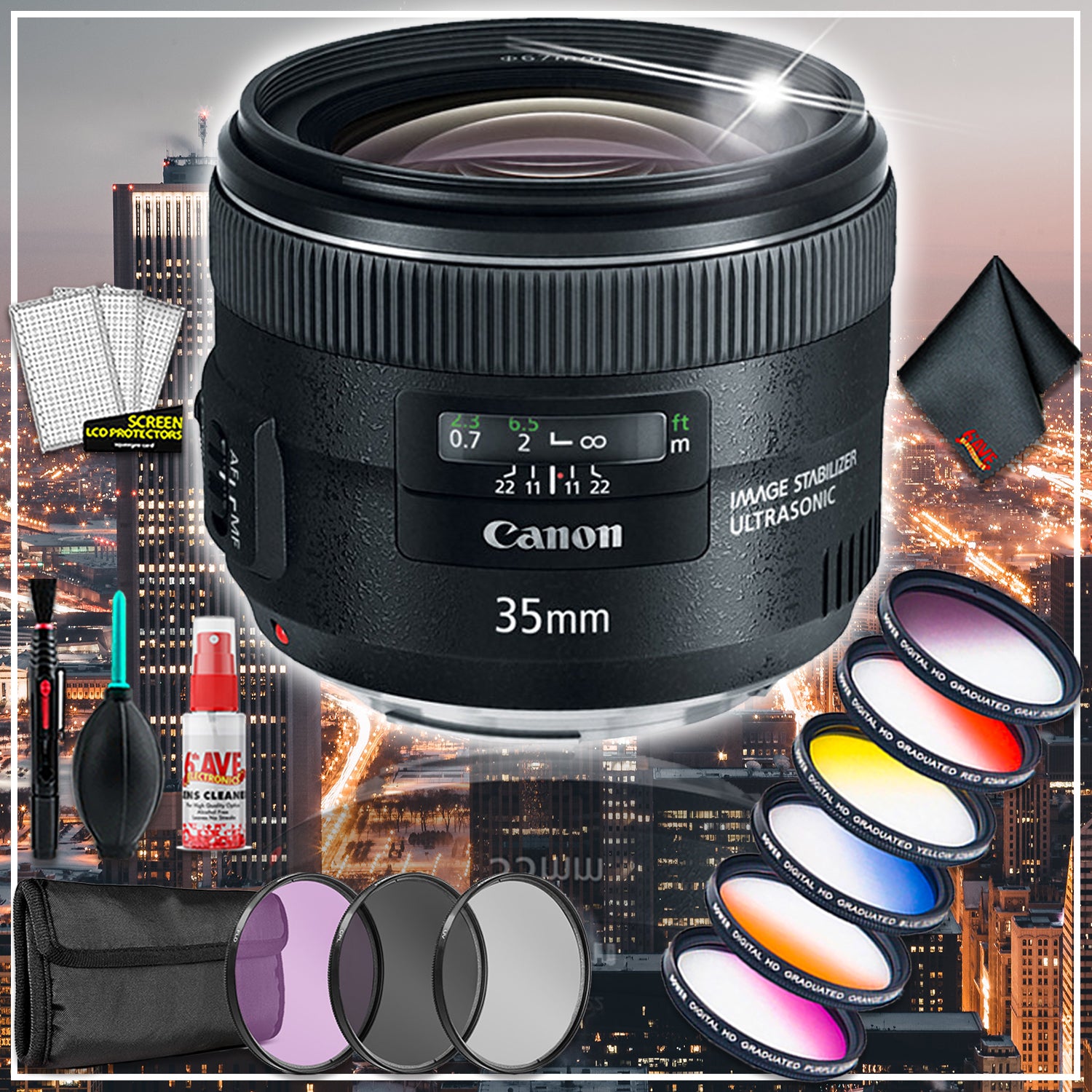 Canon EF 35mm f/2 IS USM Lens Intl Model w/ Premium Lens Filter Kit and Cleaning Kit Canon