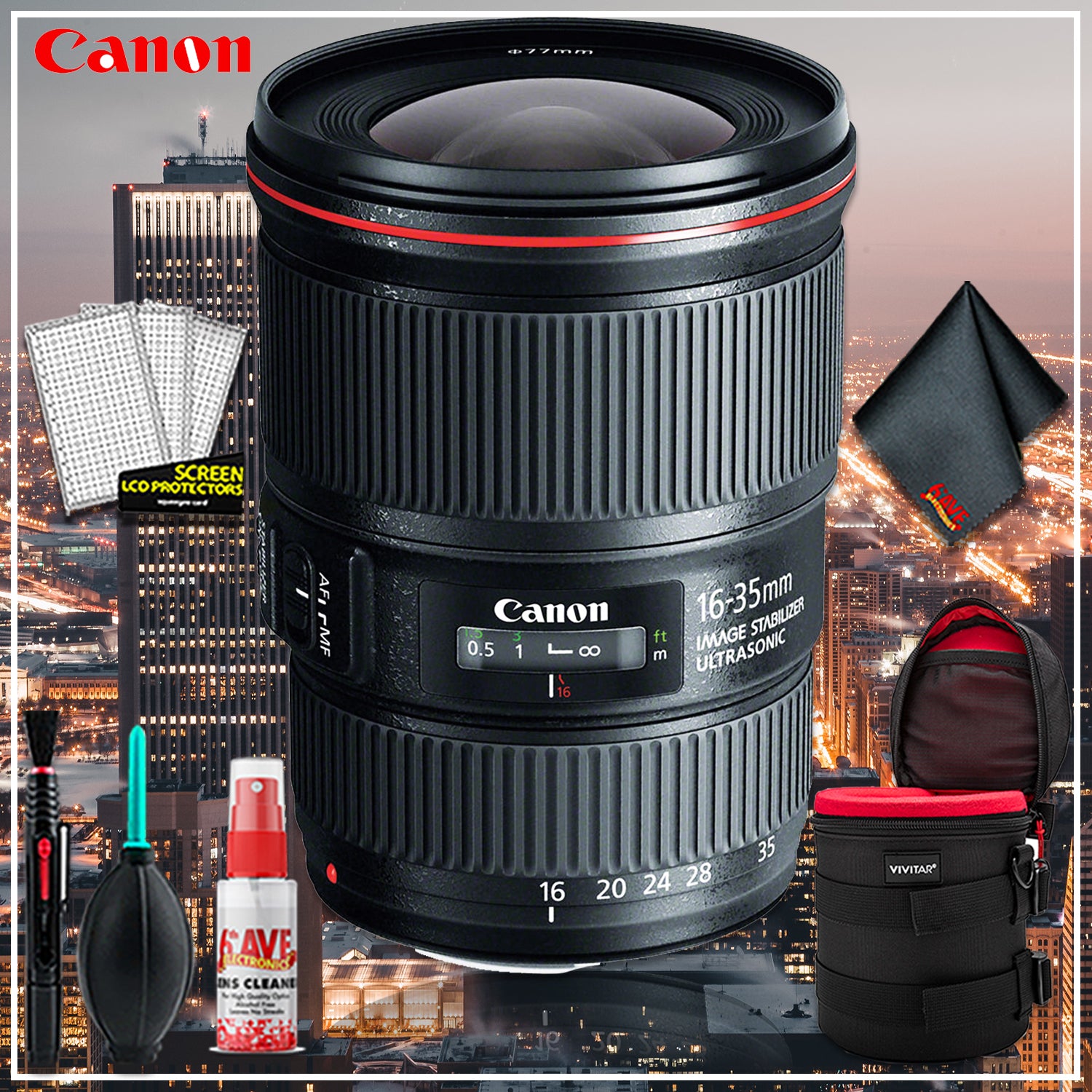 Canon EF 16-35 4.0 f/4 L IS USM (Intl Model) + 6 inch Vivitar Premium Lens Case + Cleaning Kit