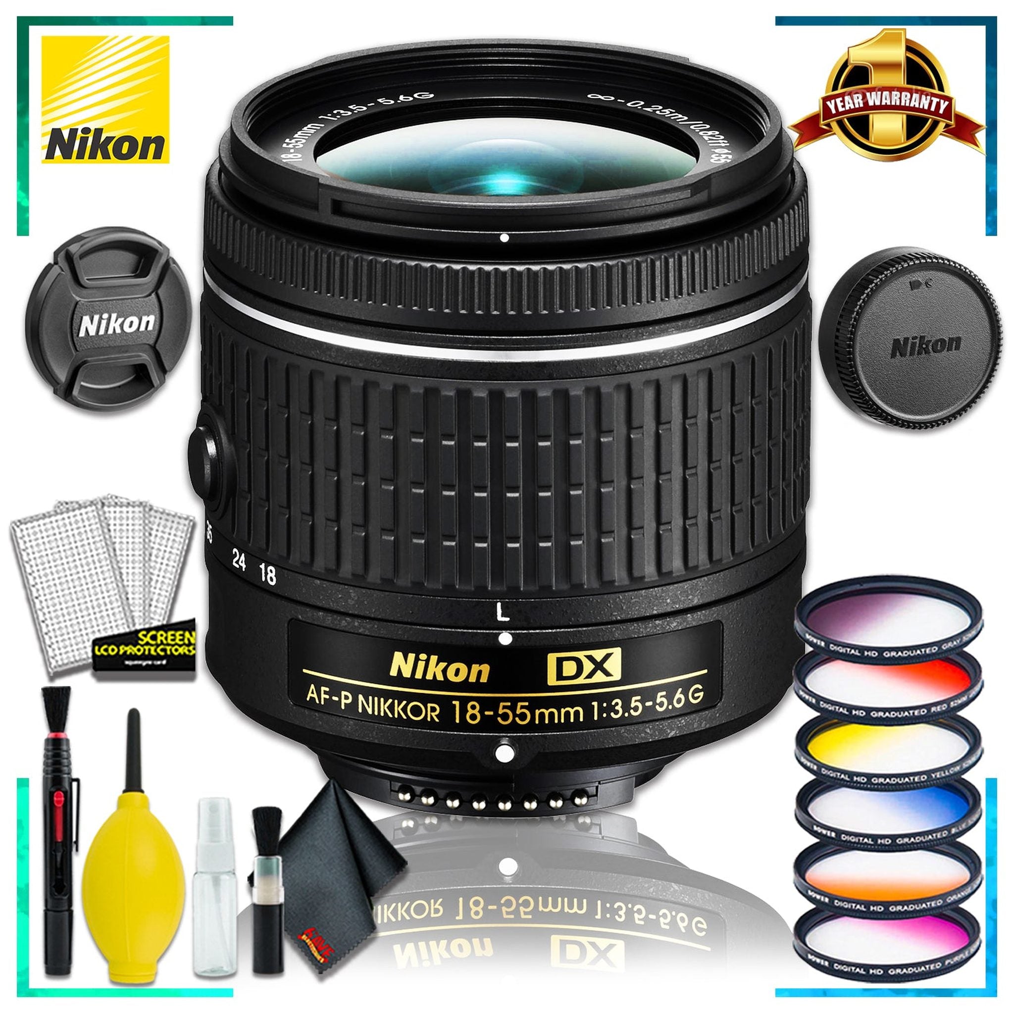 Nikon 18-55 f/3.5-5.6G AF-P DX Lens Intl Model + Vivitar Graduated Color Filter Kit + Cleaning Kit Nikon