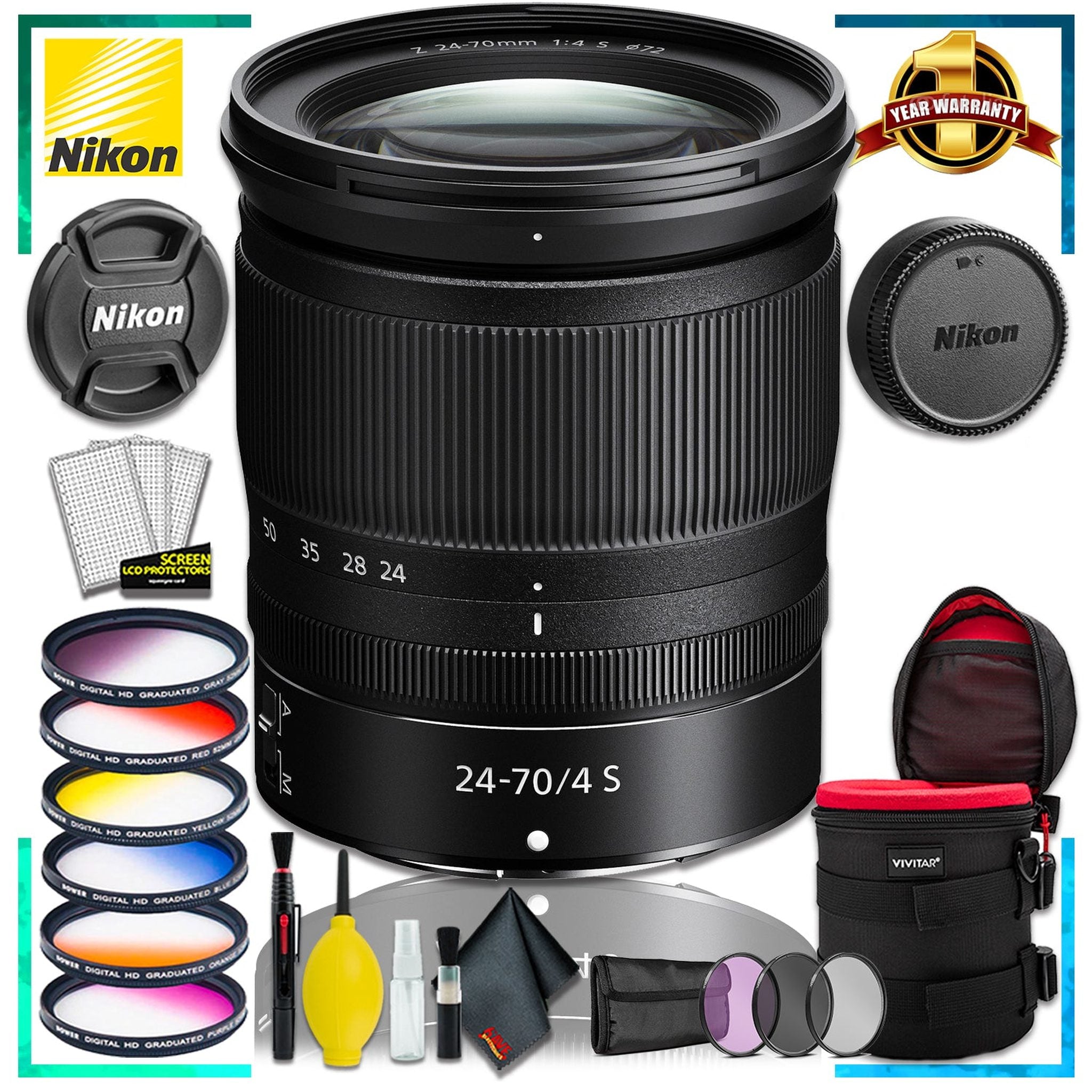 Nikon NIKKOR Z 24-70mm f.4 S Lens Intl Model + 4.5 inch Vivitar Premium Lens Case + Vivitar Graduated Color Filter Kit + 3pcs UV Lens Filter Kit + Nikon