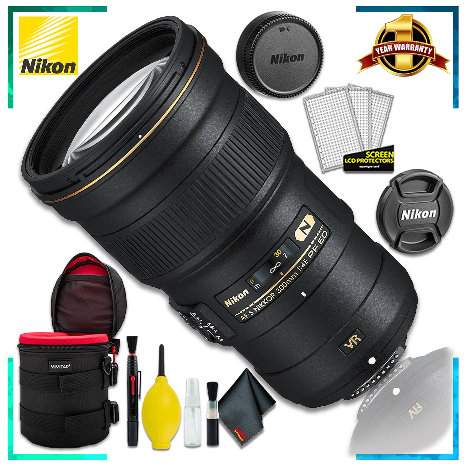 Nikon AF-S NIKKOR 300mm f4E PF ED VR Lens (Intl Model) + 6 Inch Vivitar Premium Lens Case + Cleaning Kit