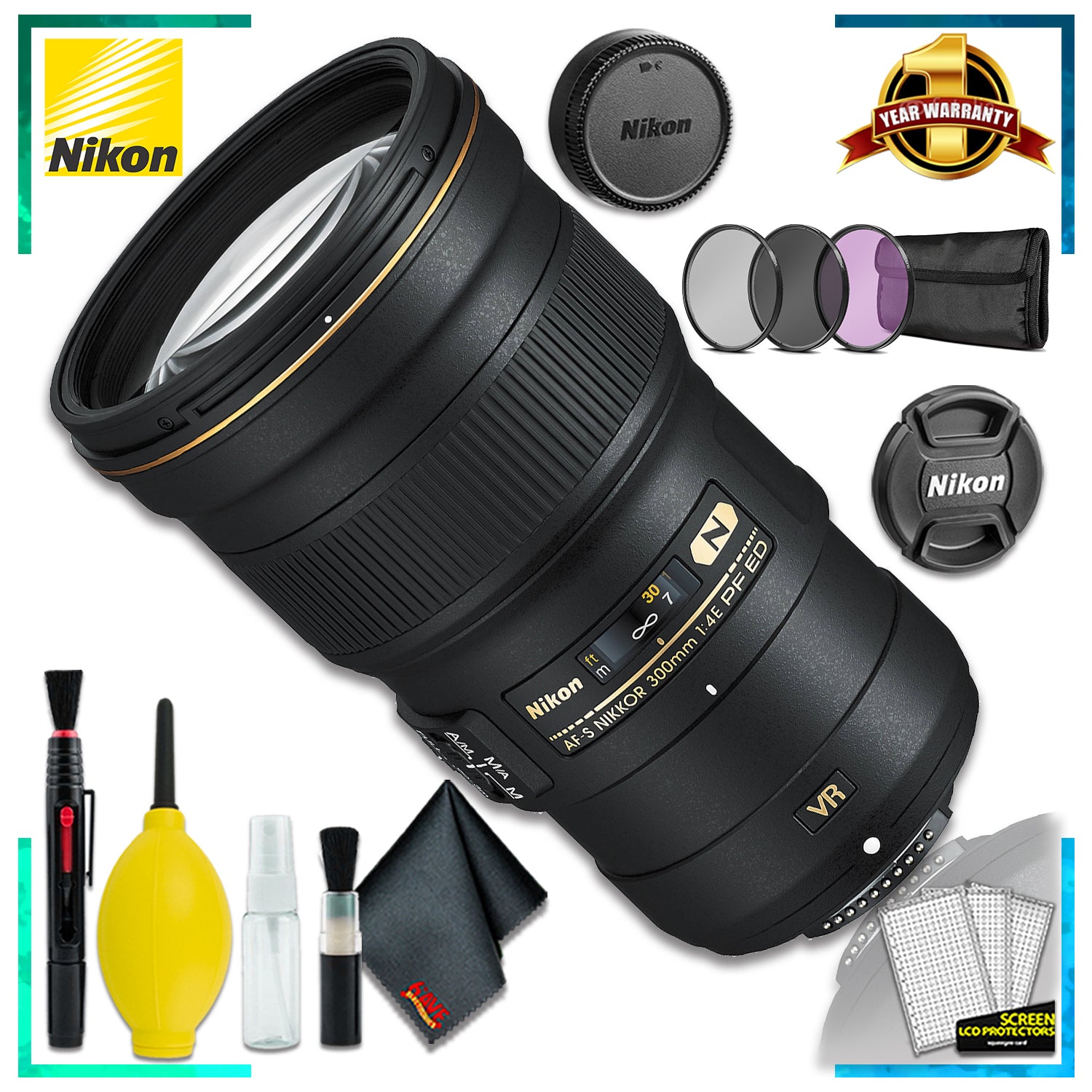 Nikon AF-S NIKKOR 300mm f4E PF ED VR Lens (Intl Model) + 3pcs UV Lens Filter Kit + Cleaning Kit