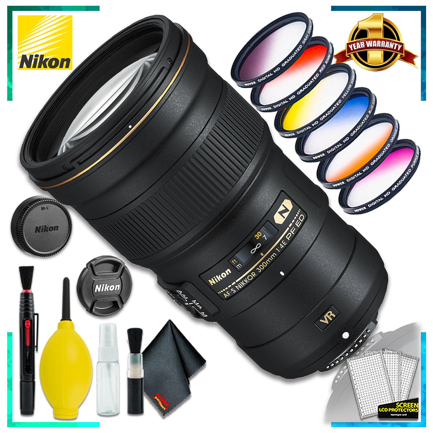 Nikon AF-S NIKKOR 300mm f4E PF ED VR Lens (Intl Model) + Vivitar Graduated Color Filter Set + Cleaning Kit