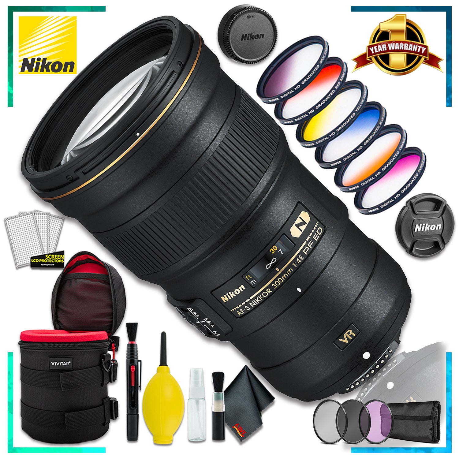 Nikon AF-S NIKKOR 300mm f4E PF ED VR Lens (Intl Model) + 6 Inch Vivitar Premium Lens Case + Vivitar Graduated Color Filter Set + 3pcs Lens Filter Kit + Cleaning Kit