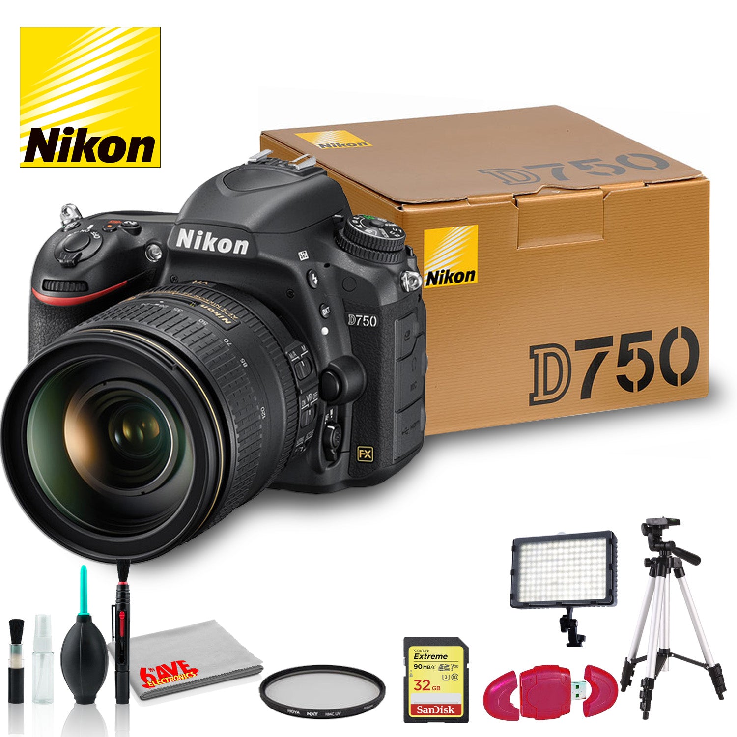 Nikon D750 DSLR Camera with 24-120mm Lens + Sandisk 32 GB SD Card, 72 Inch Tripod and more Nikon