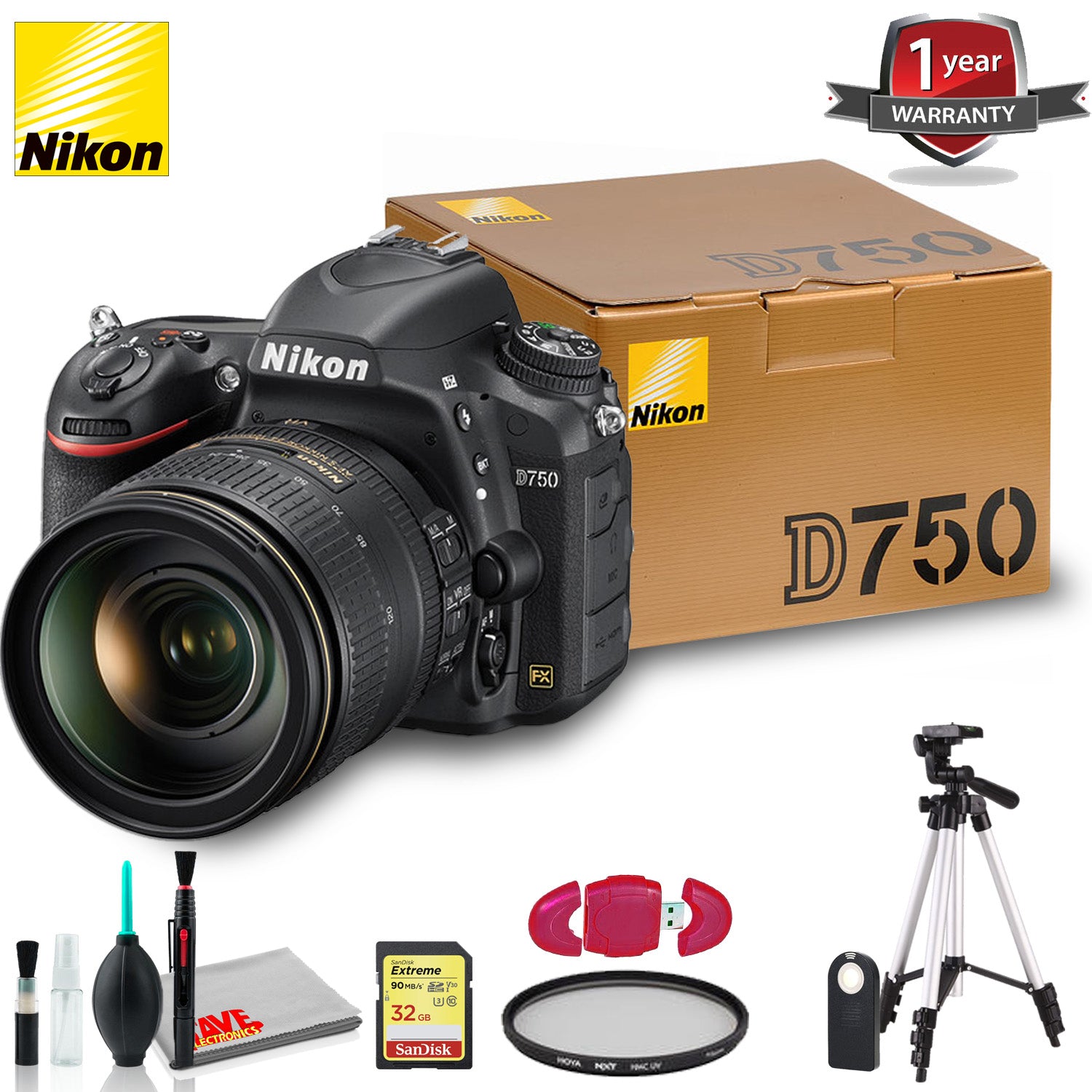 Nikon D750 DSLR Camera with 24-120mm Lens + 1 Year Extended Warranty, USB SD Card Reader + More Nikon