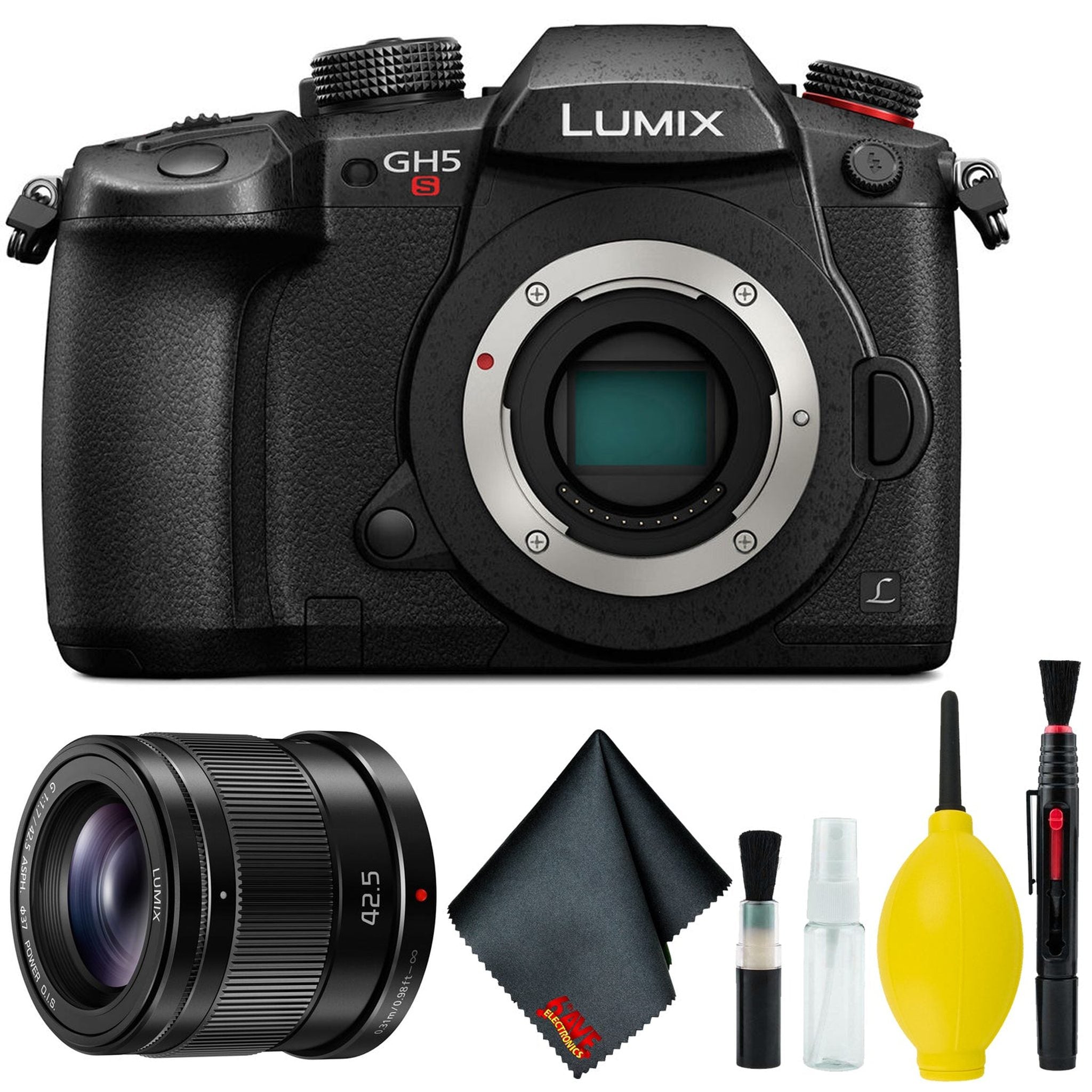 Panasonic Lumix DC-GH5S Mirrorless Micro Four Thirds Digital Camera - Cleaning Kit - Panasonic 42.5mm f/1.7 O.I.S. Lens Panasonic