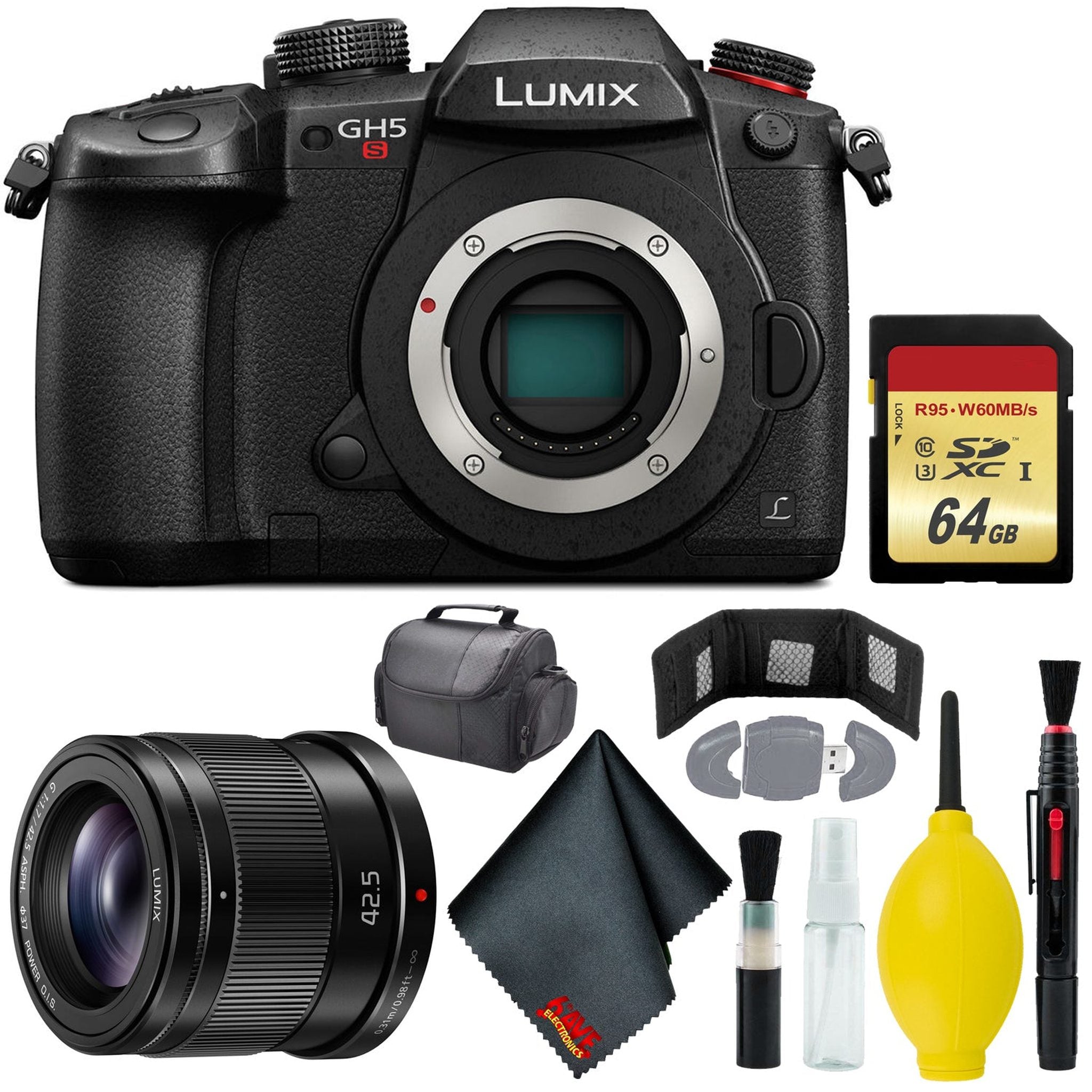 Panasonic Lumix DC-GH5S Mirrorless Micro Four Thirds Digital Camera - Cleaning Kit - 64GB - Card Wallet & Reader - CASE - Panasonic 42.5mm f/1.7 O.I.S. Lens Panasonic