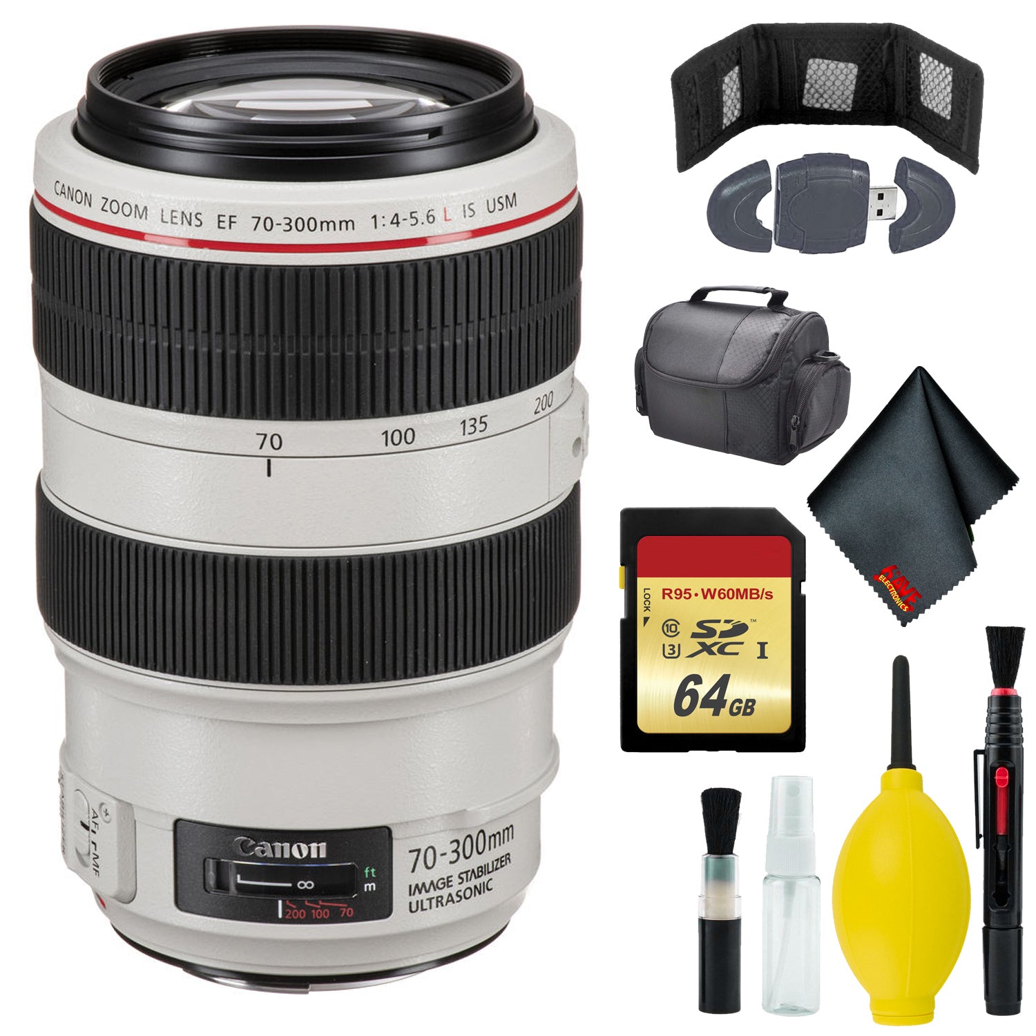 Canon EF 70-300mm f/4-5.6L IS USM Lens - Cleaning Kit - Memory Card Wallet & Reader - 64GB - SOFT CASE-MED SLR + LENSES Canon