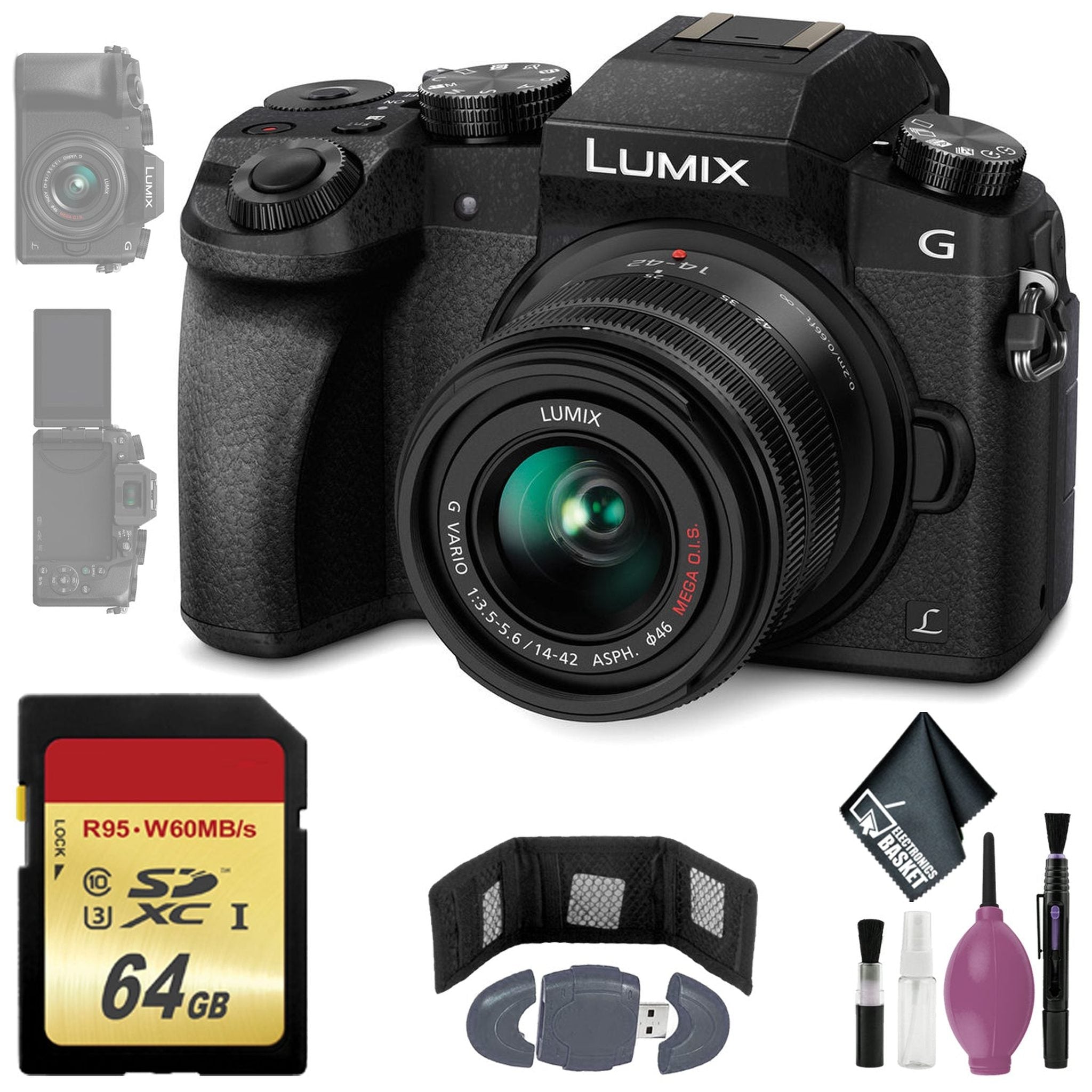 Panasonic Lumix DMC-G7 Mirrorless Micro Four Thirds Digital Camera w/ 14-42mm Lens Black - 64GB - Memory Card Wallet & Reader Panasonic