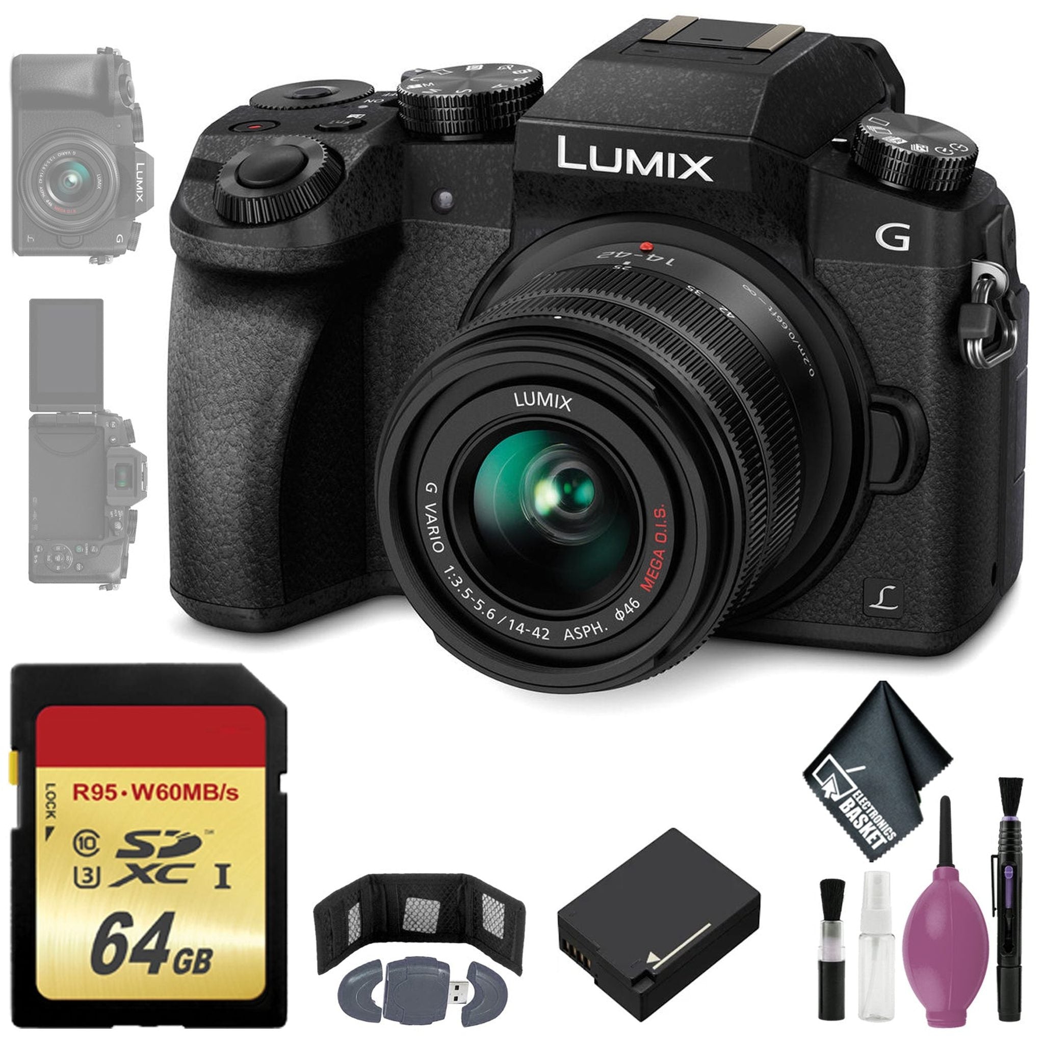 Panasonic Lumix DMC-G7 Mirrorless Micro Four Thirds Digital Camera w/ 14-42mm Lens Black - 64 GB - Memory Card Wallet Panasonic