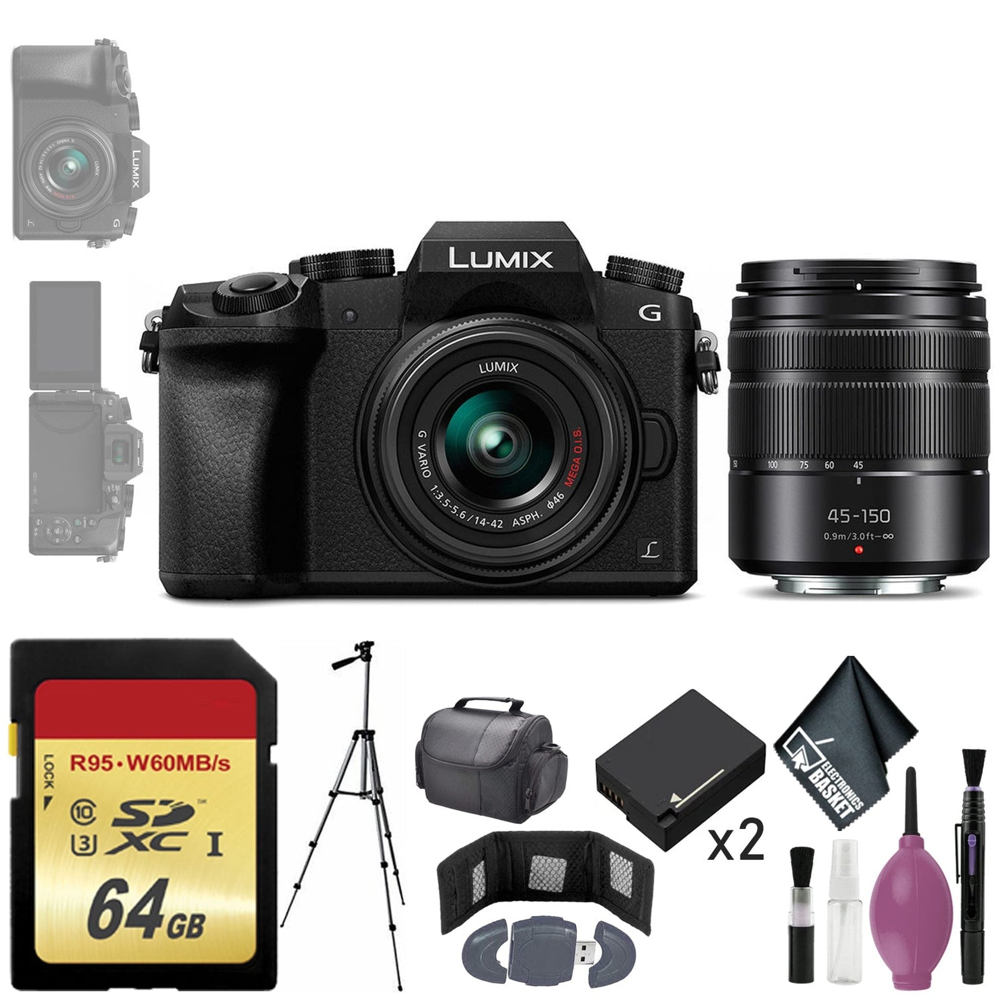 Panasonic Lumix DMC-G7 Mirrorless Micro Four Thirds Digital Camera w/ 14-42mm & 45-150mm Lenses Black - Battery x2 - Case Panasonic