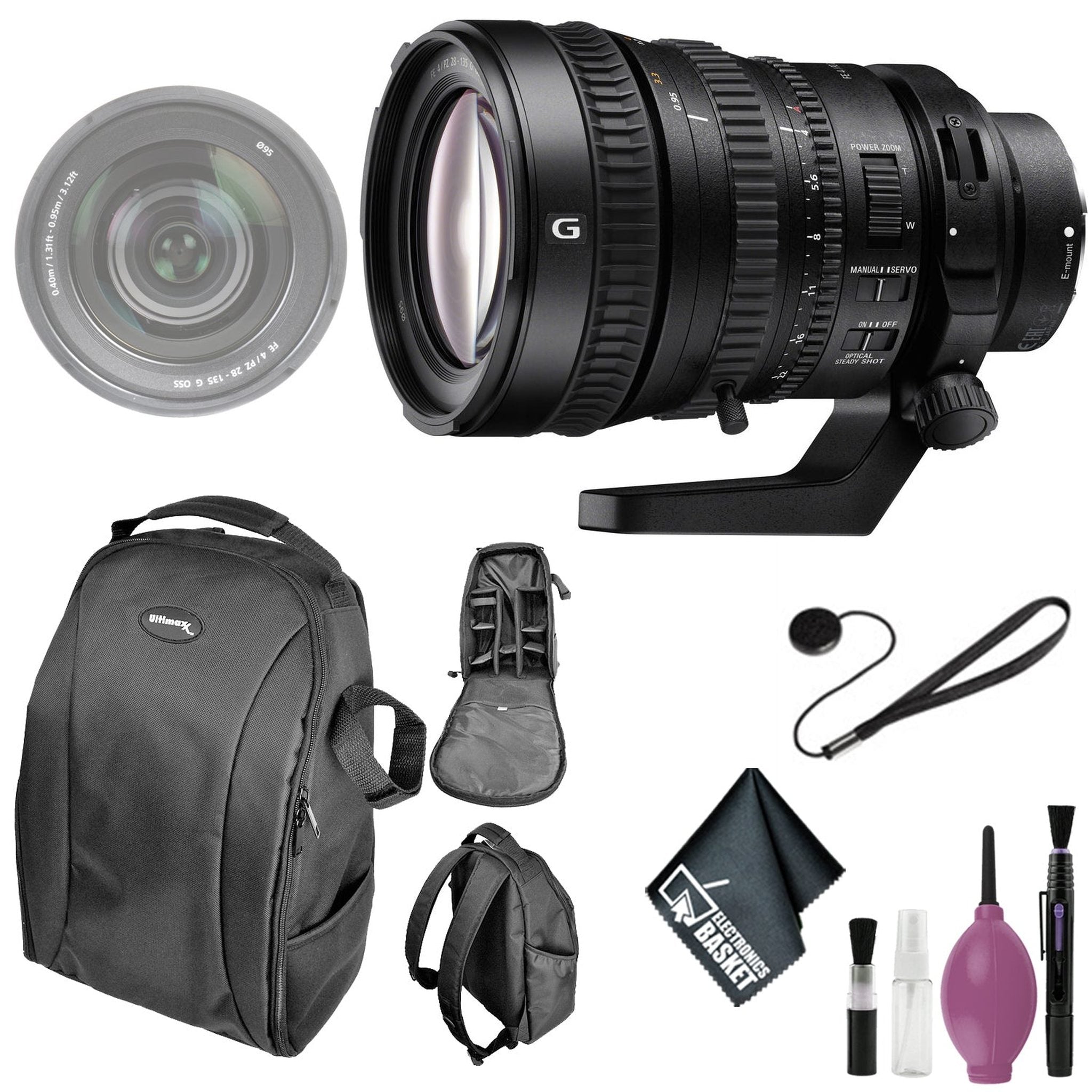 Sony FE PZ 28-135mm f/4 G OSS Lens - Cleaning Kit - Soft Padded Carrying Case - Lens Cap Keeper Sony