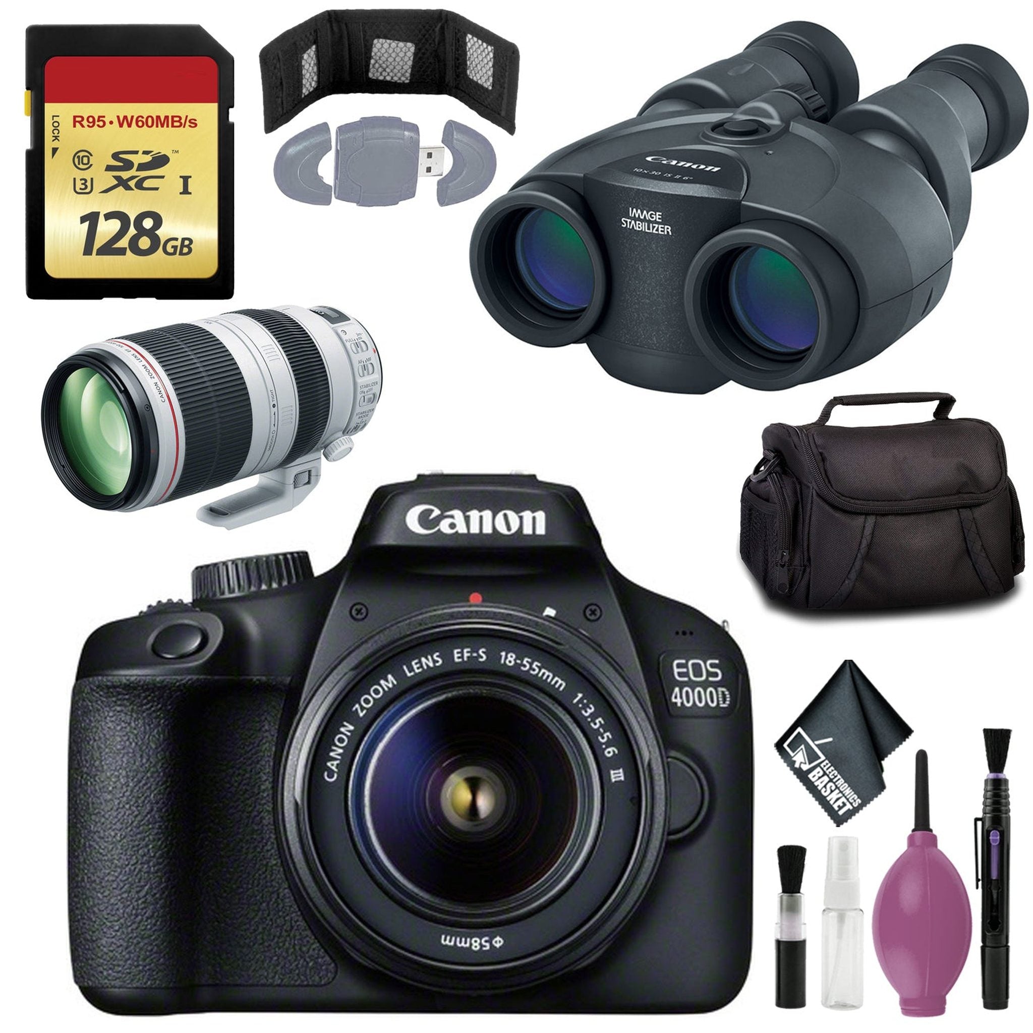 Canon 10x30 IS II Image Stabilized Binocular - Eos 4000D with EF-S 18-55mm f/3.5-5.6 III Lens - 128GB Card Canon