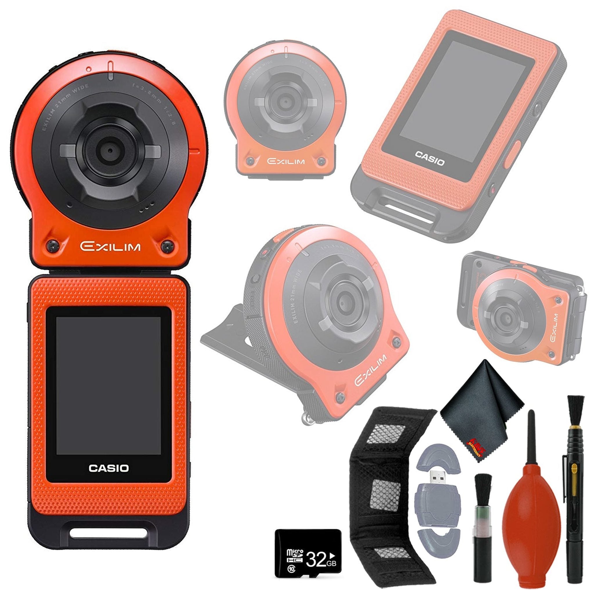 CASIO EX-FR10 EXILIM Digital Action Camera 14.1 MP - Orange - USB Reader + Wallet - 32GB microSD - Cleaning Kit Base Bundle Casio