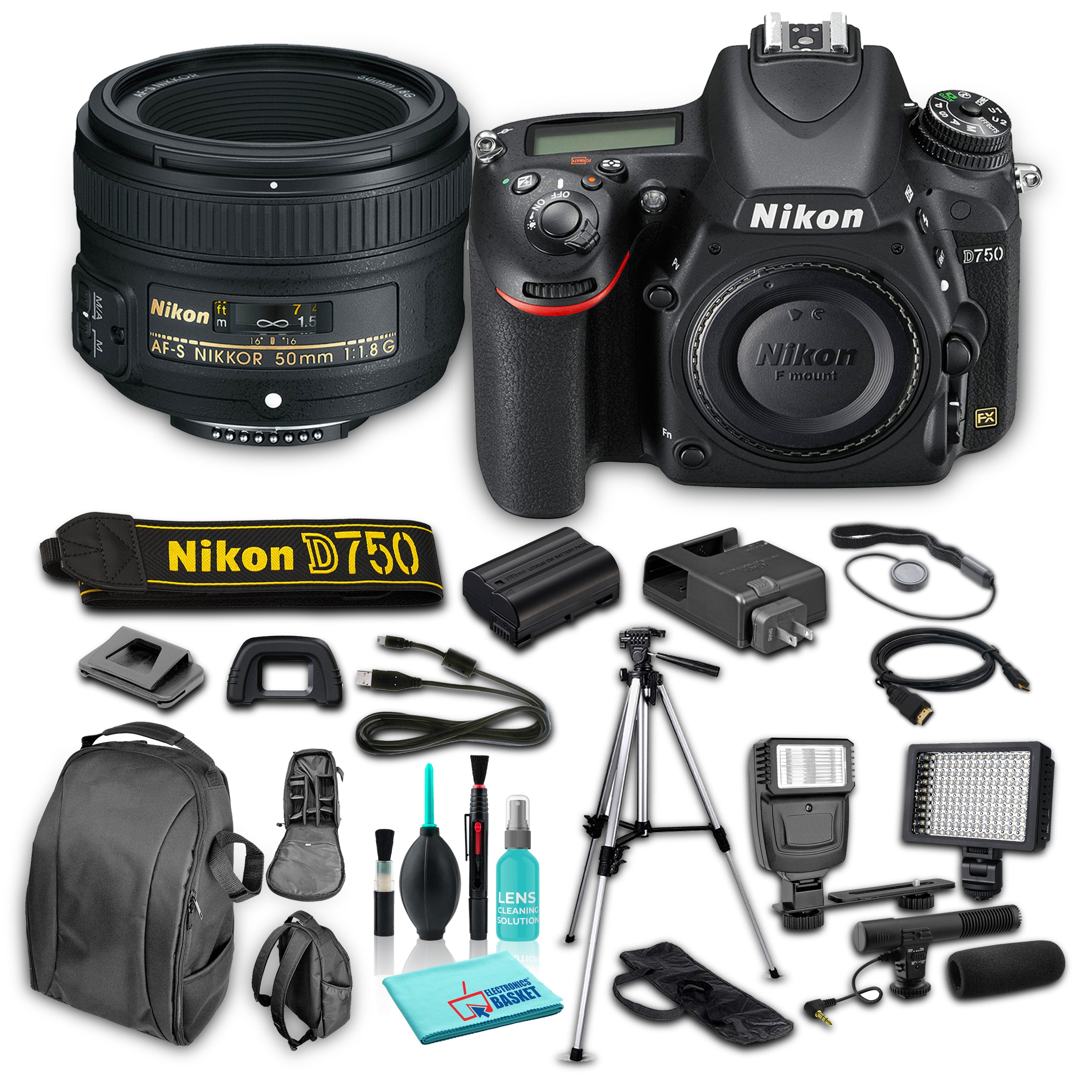 Nikon D750 DSLR Camera Body Only , 24.3MP FX-Format CMOS Sensor, AF-S NIKKOR 50mm f/1.8G Lens Bundle with 8 Piece Accessories Nikon