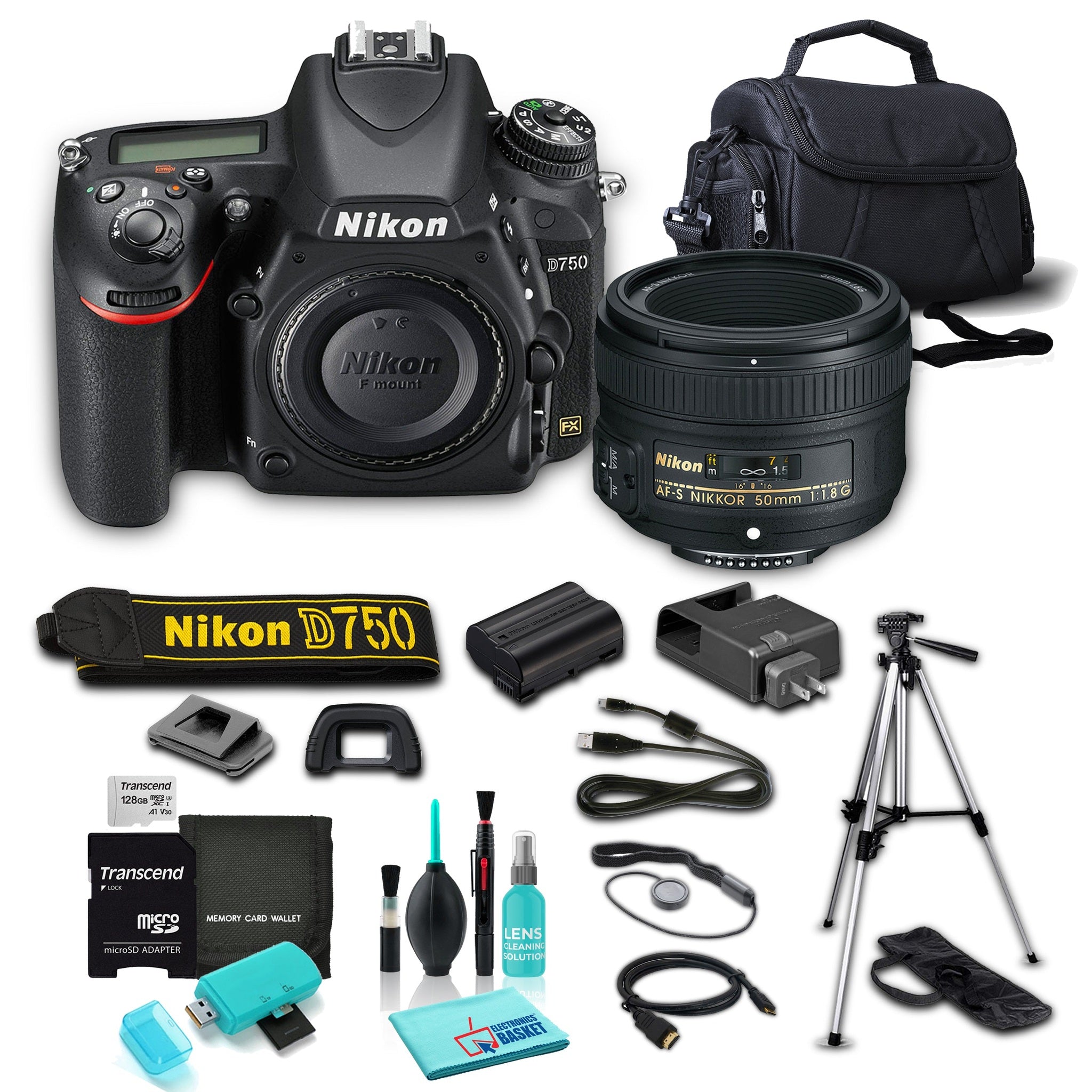 Nikon D750 DSLR Camera Body Only , AF-S NIKKOR 50mm f/1.8G Lens Bundle with 8 Piece Accessories Nikon