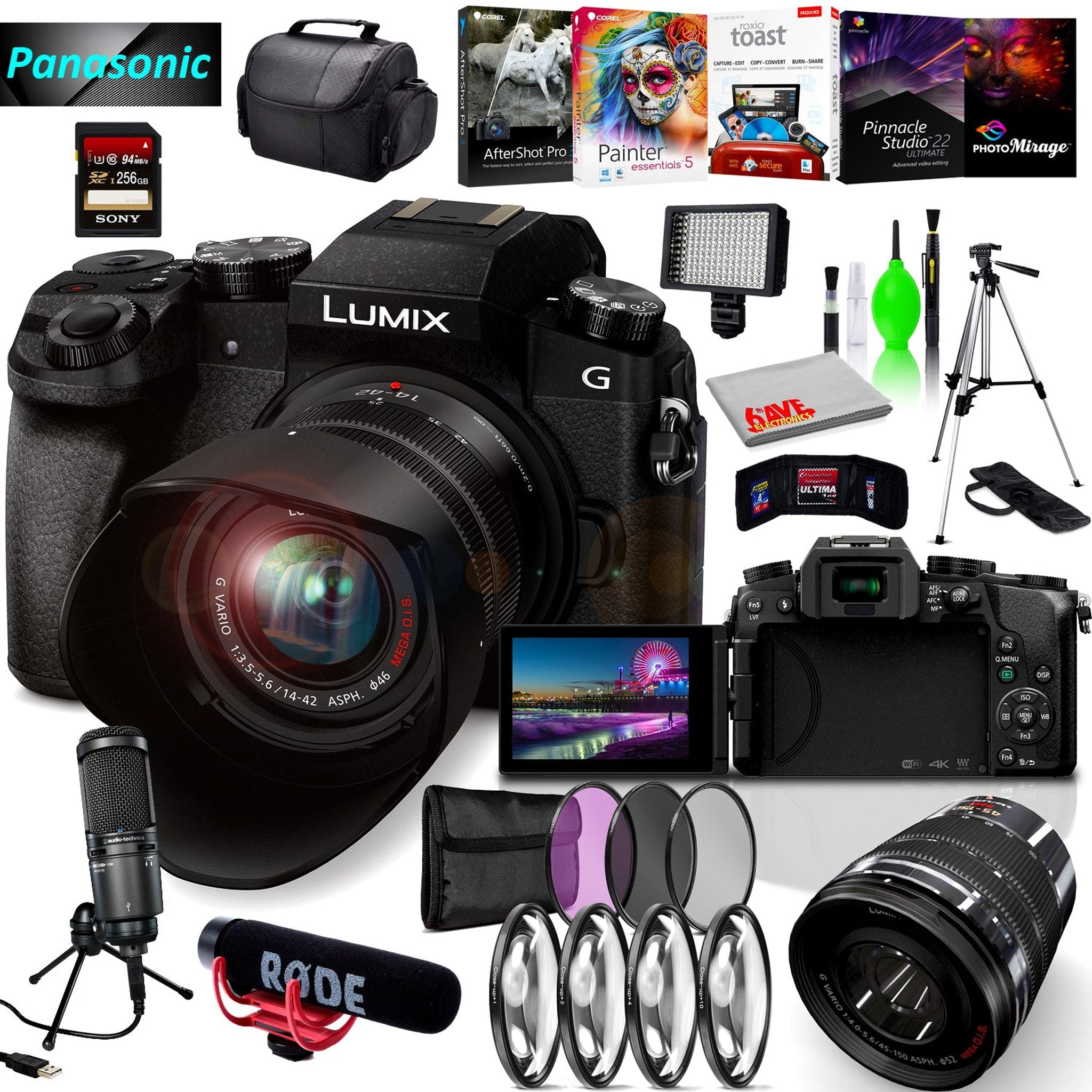 Panasonic Lumix DMC-G7 Mirrorless MFT Digital Camera, 45-150mm Lens, Close Up & UV Filters, Condenser USB Mic & Camera Mic, Corel Editing Software Pro Bundle Panasonic